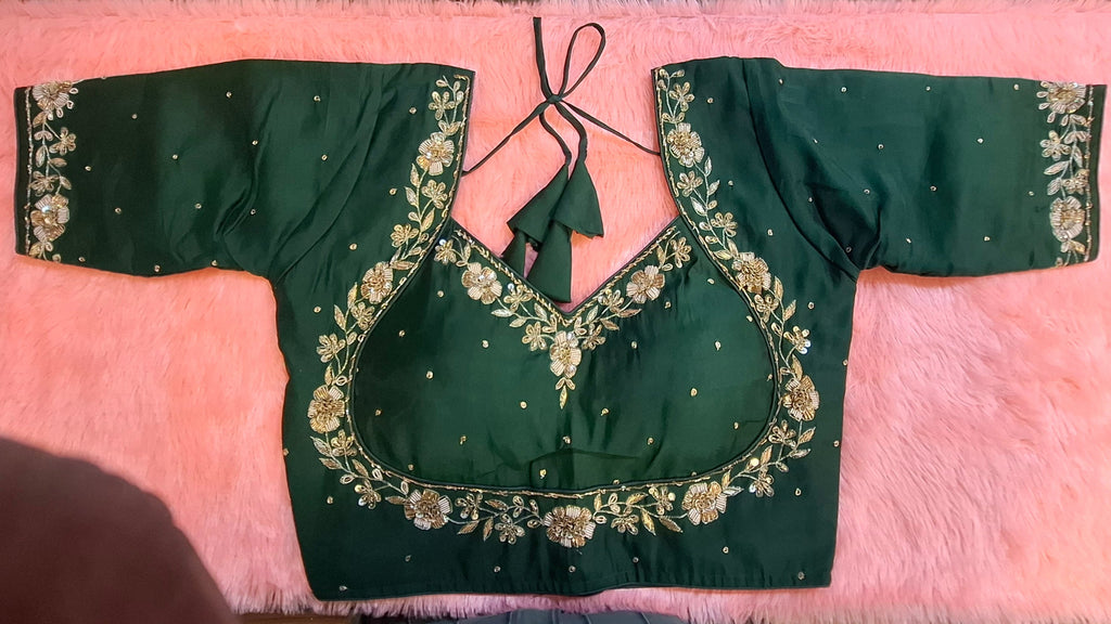 Bottle Green Silk Hand Embroidered Readymade Blouse with Zardosi