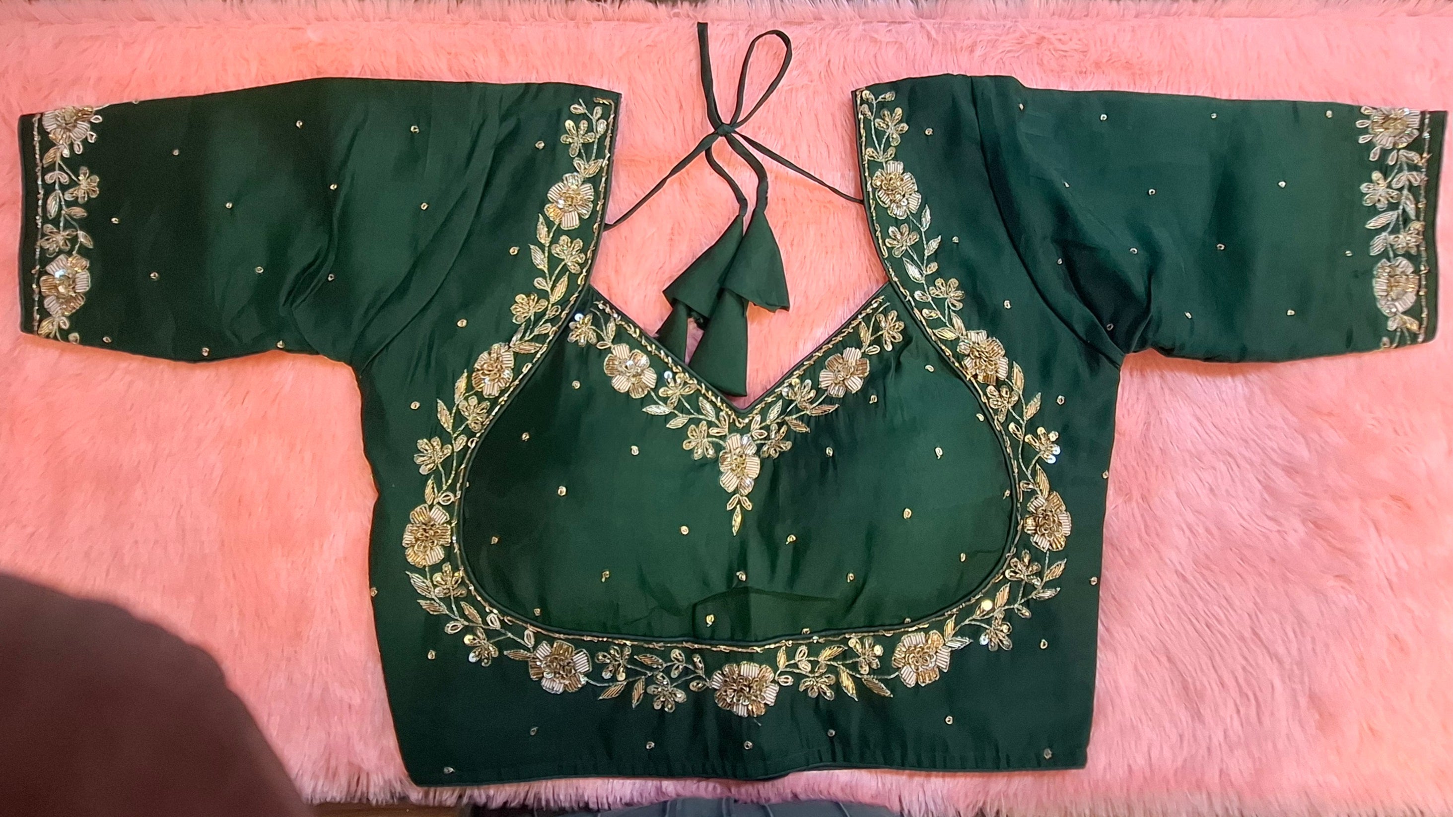 Bottle Green Silk Hand Embroidered Readymade Blouse with Zardosi