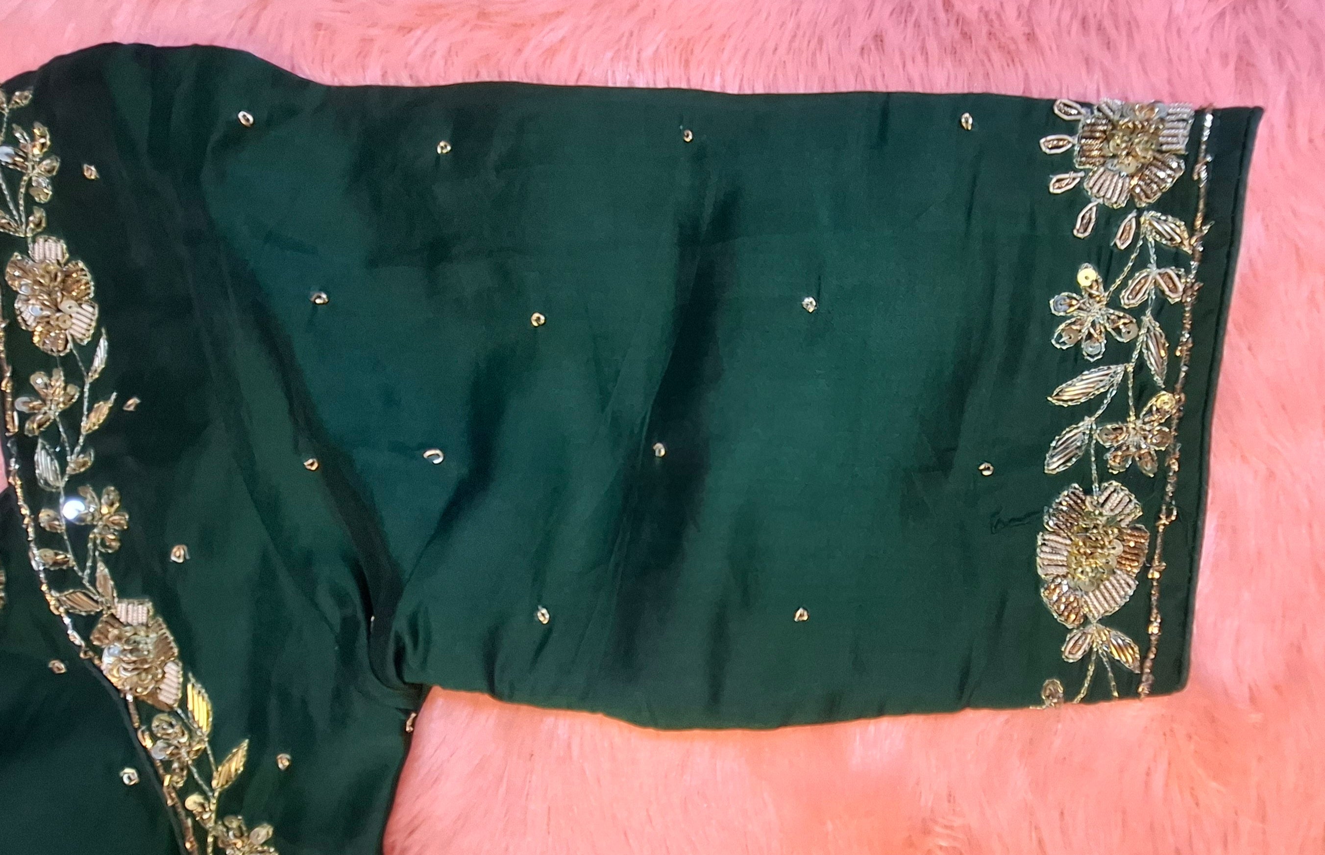 Bottle Green Silk Hand Embroidered Readymade Blouse with Zardosi