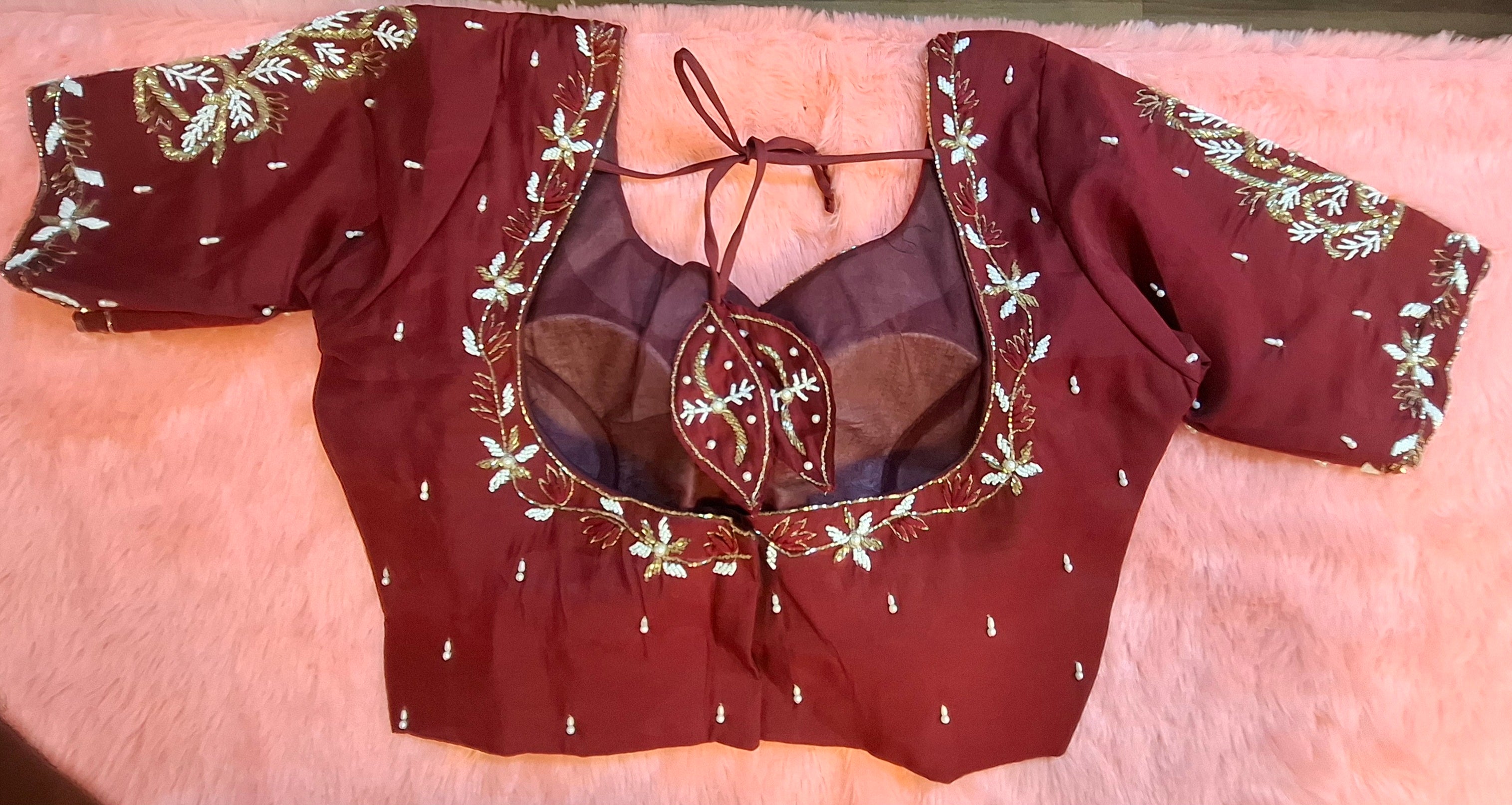 Maroon cotton silk readymade blouse with intricate pearl and bead hand embroidery