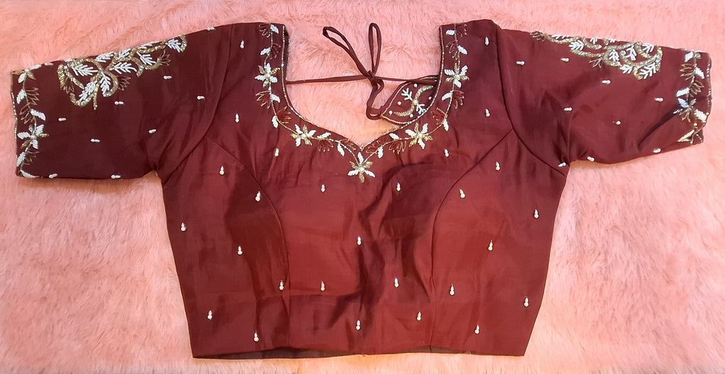 Maroon Cotton Silk Hand Embroidered Readymade Blouse