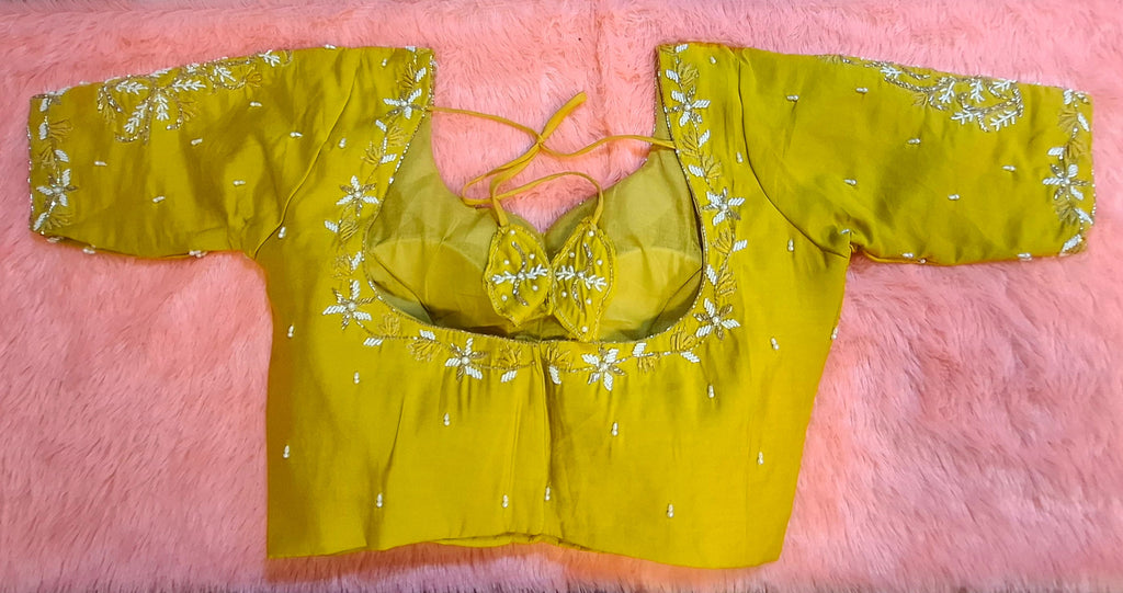 Mustard Yellow Cotton Silk Hand Embroidered Readymade Blouse