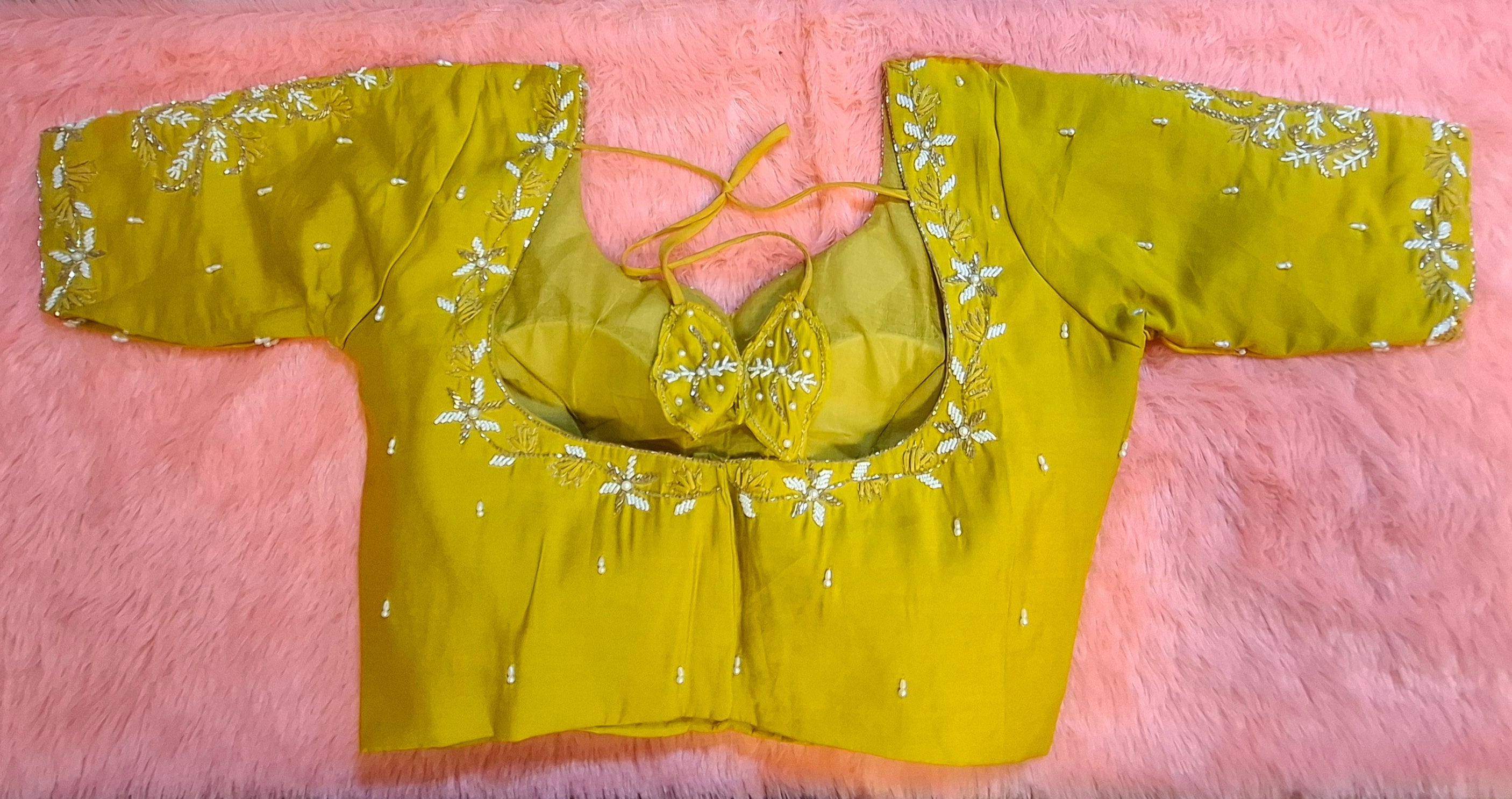 Mustard Yellow Cotton Silk Hand Embroidered Readymade Blouse