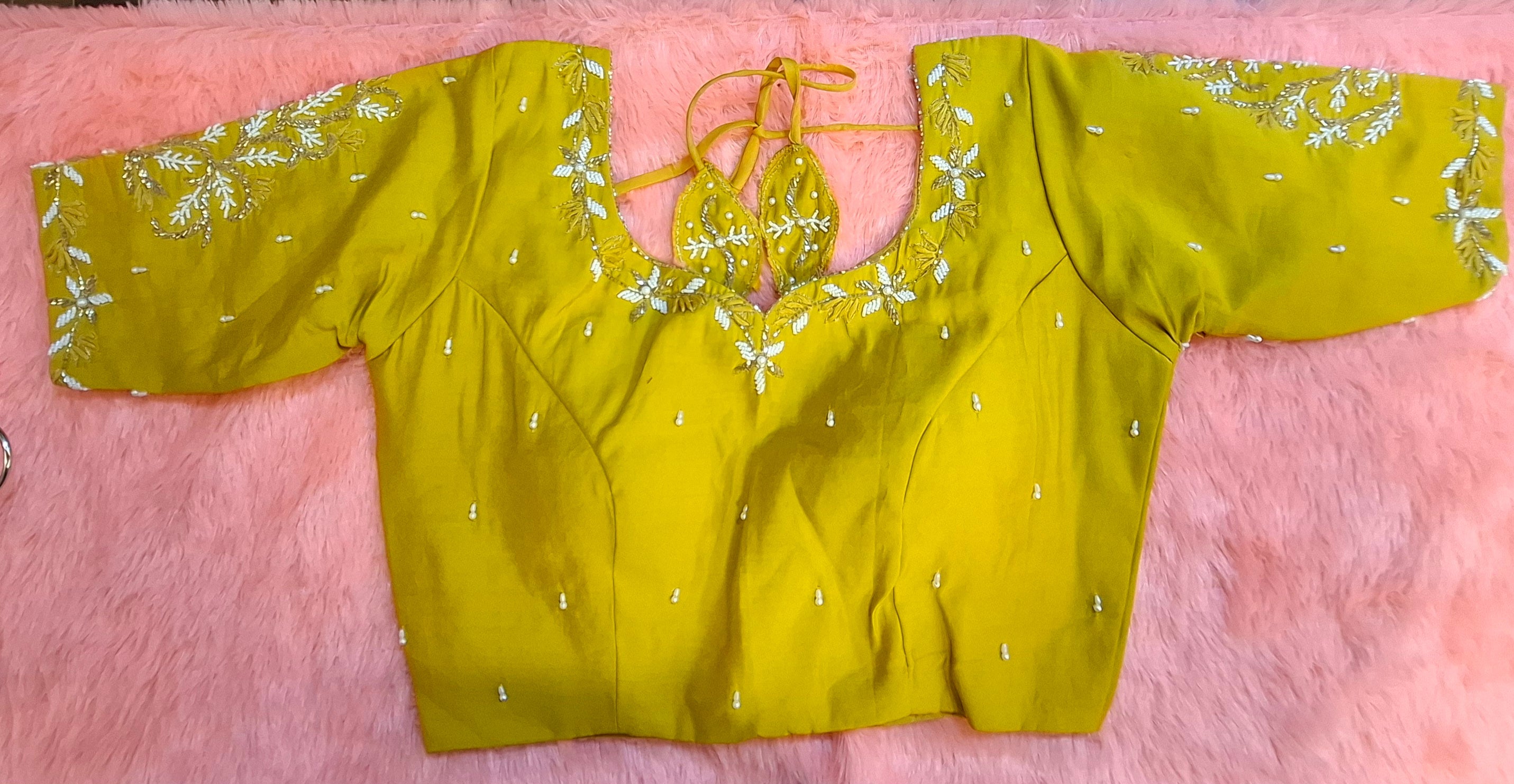 Mustard yellow cotton silk readymade blouse with tonal thread and pearl embroidery