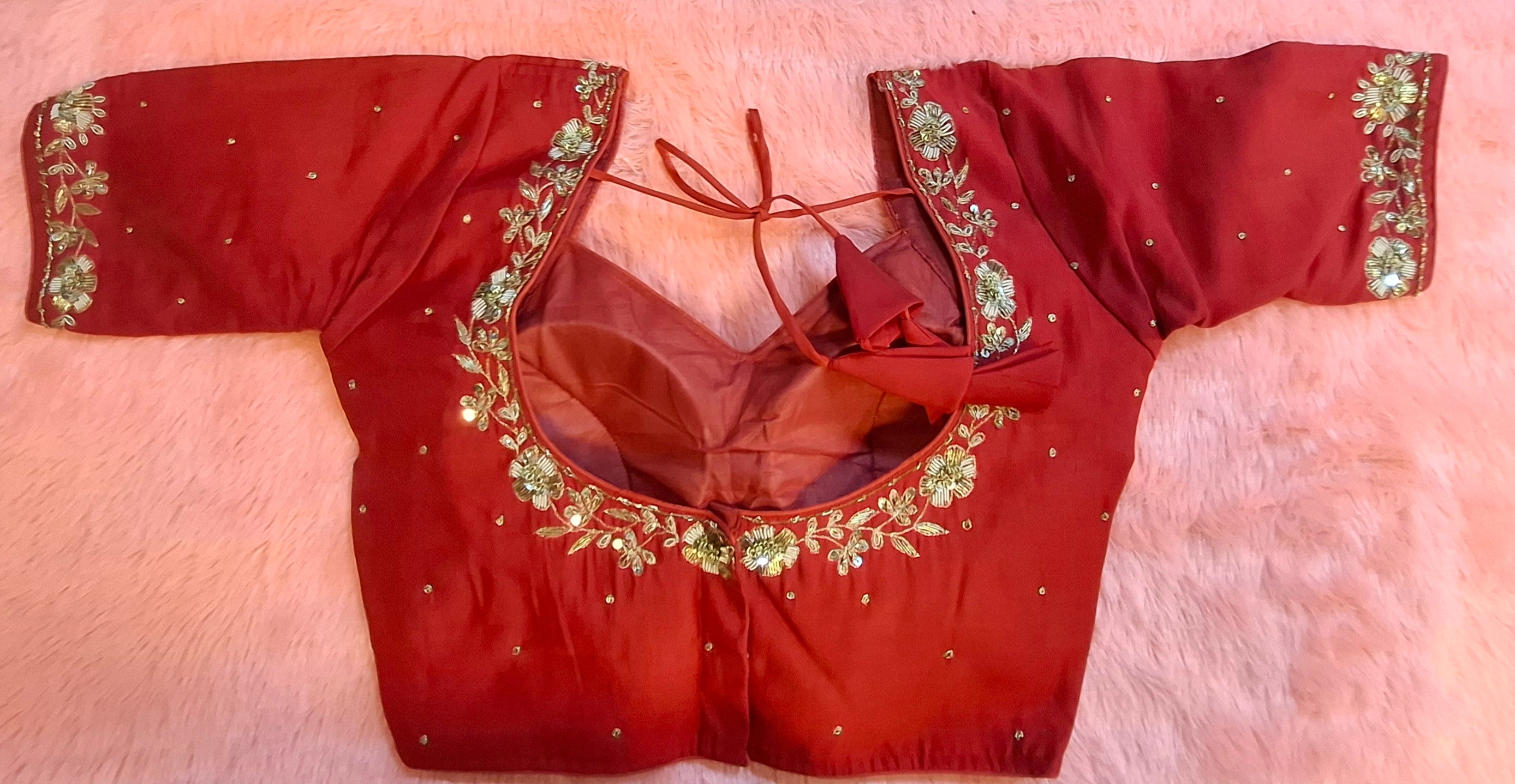Red Hand Embroidered Silk Blouse with Zardosi and Sequins
