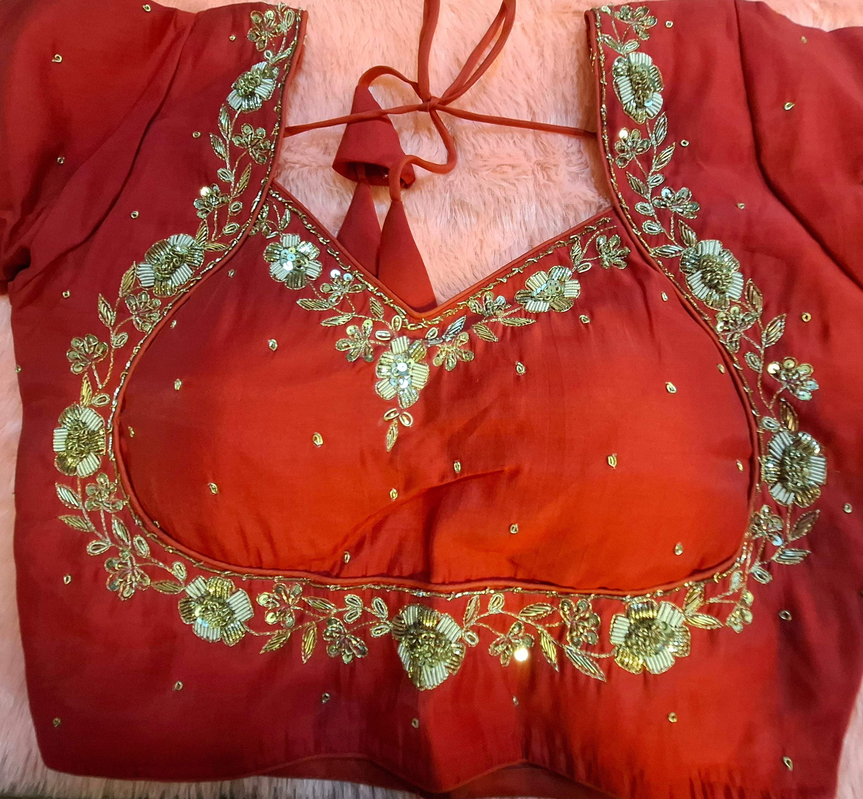 Red Hand Embroidered Silk Blouse with Zardosi and Sequins