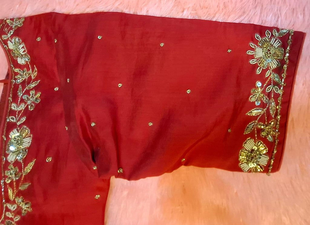 Red Hand Embroidered Silk Blouse with Zardosi and Sequins