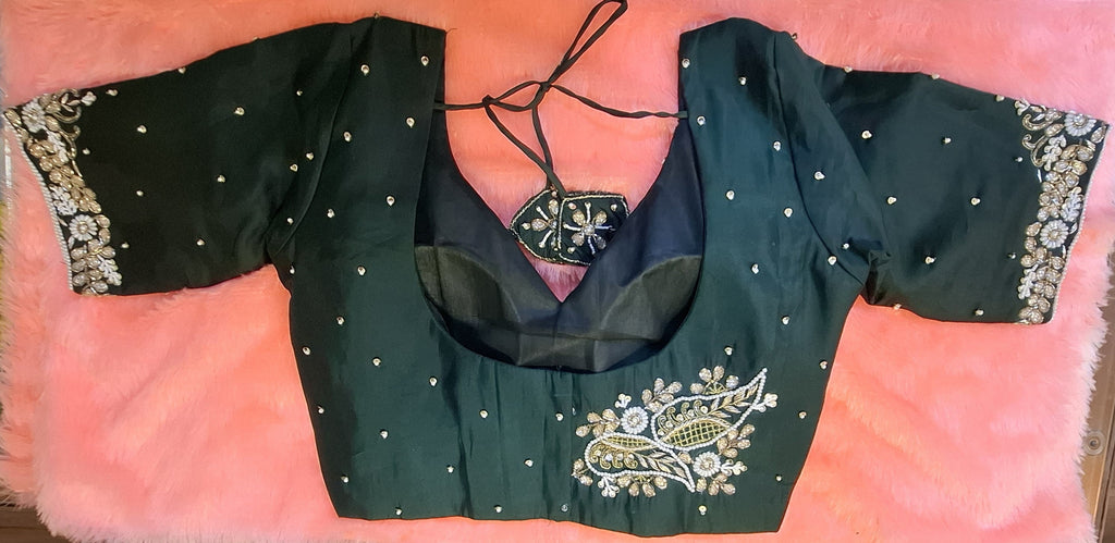 Bottle Green Silk Hand Embroidered Zardosi Readymade Blouse