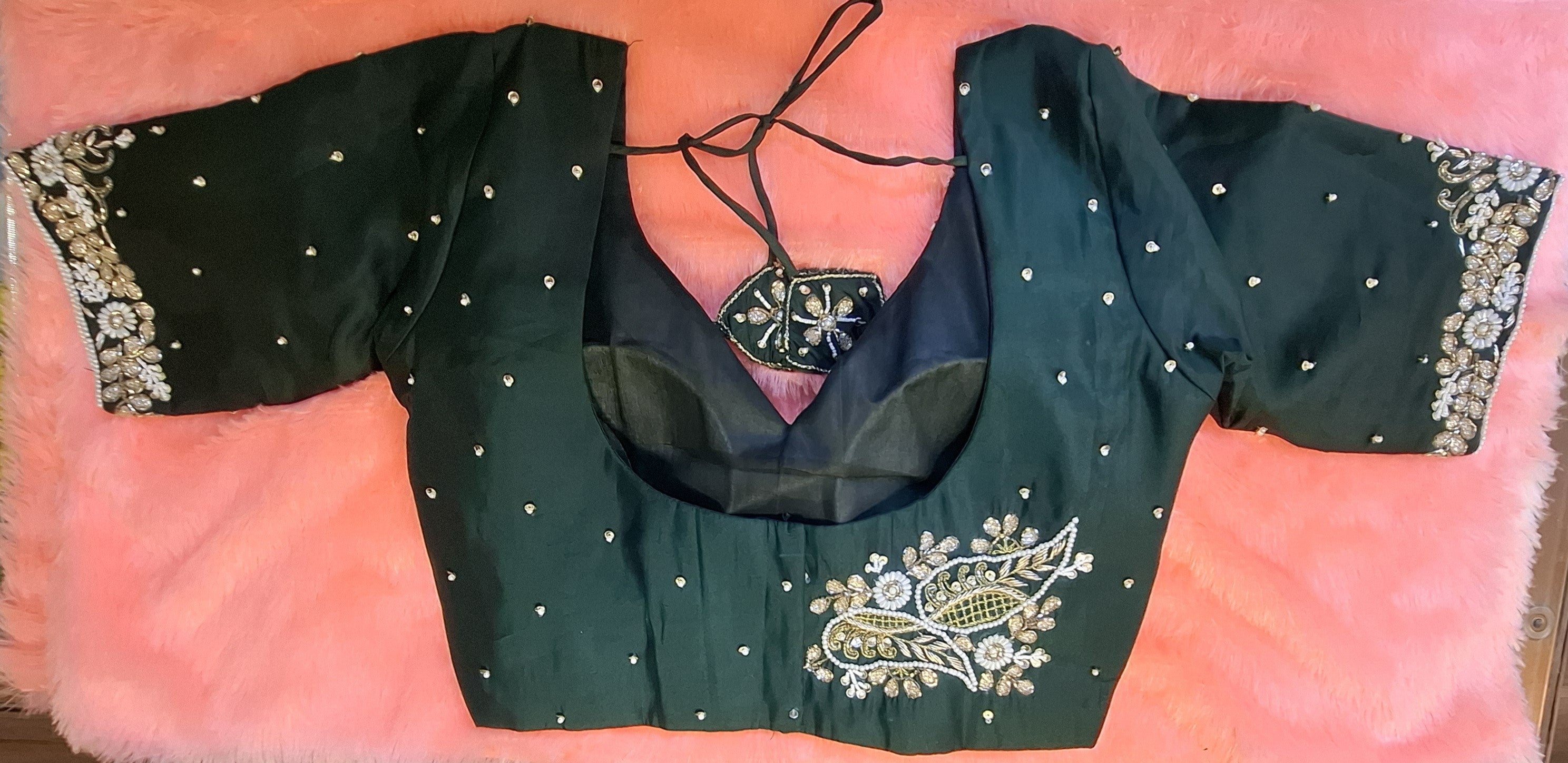 Bottle Green Silk Hand Embroidered Zardosi Readymade Blouse