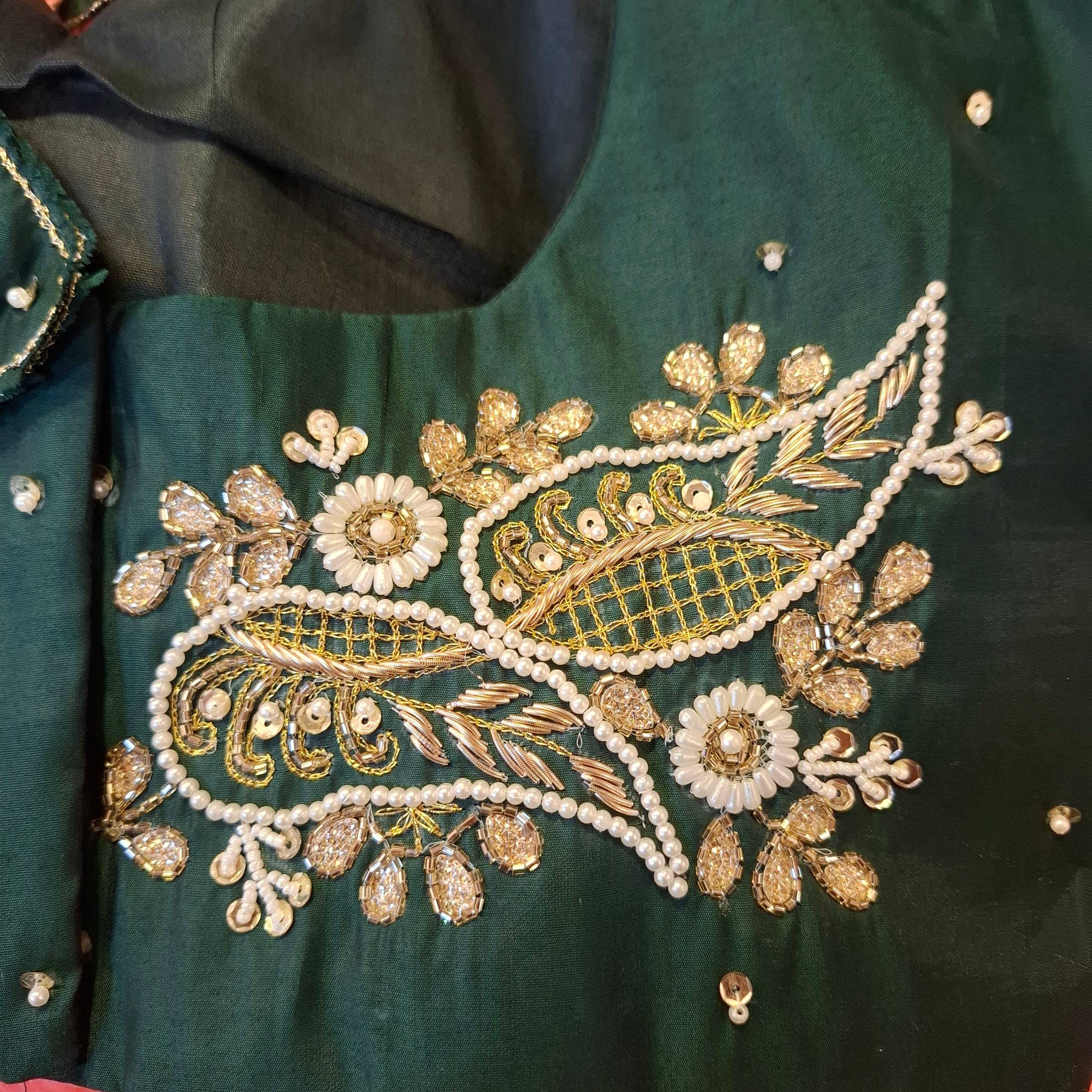 Bottle Green Silk Hand Embroidered Zardosi Readymade Blouse