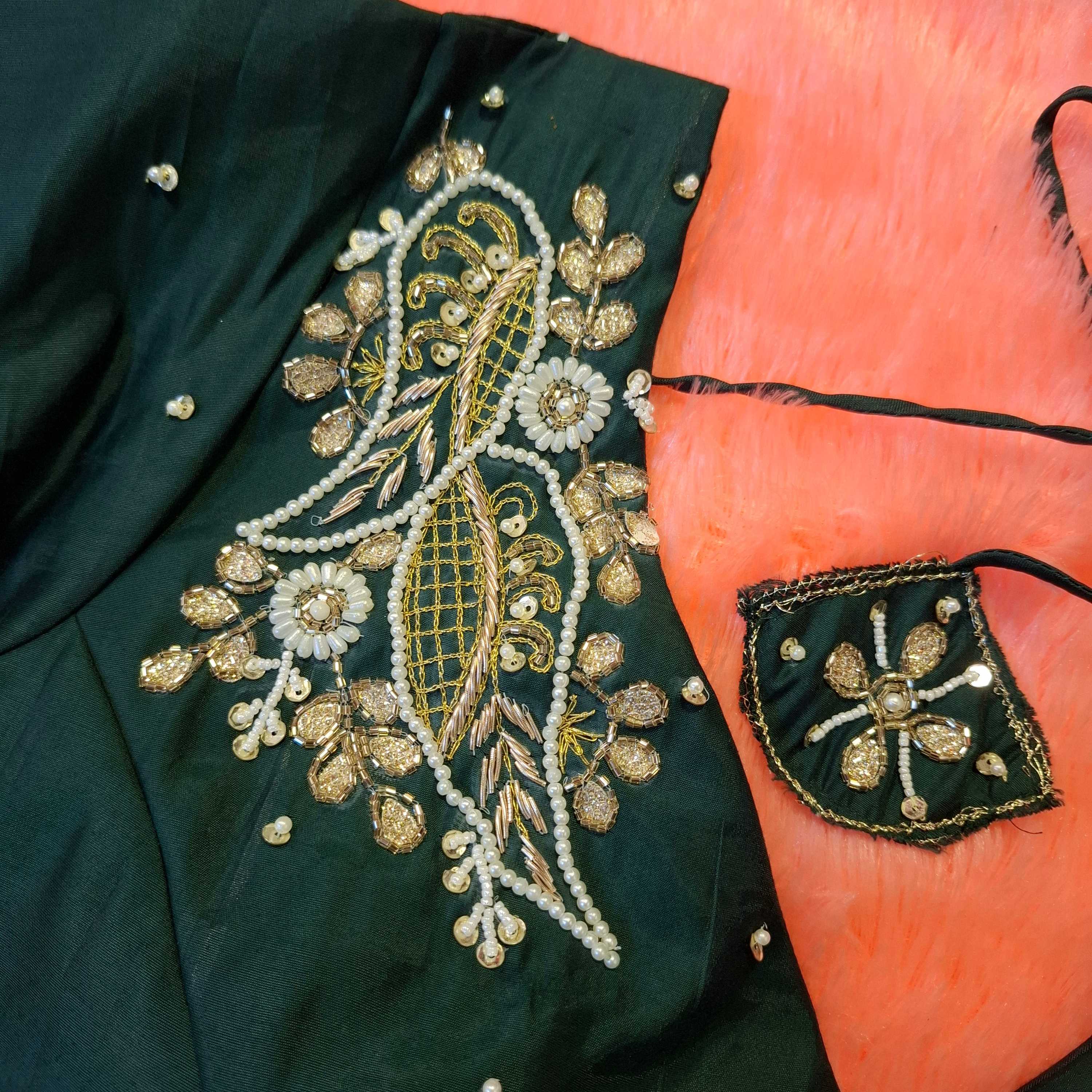 Bottle Green Silk Hand Embroidered Zardosi Readymade Blouse