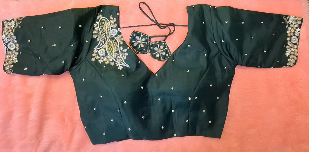 Bottle green silk readymade blouse with intricate zardosi, pearl, and sequin hand embroidery