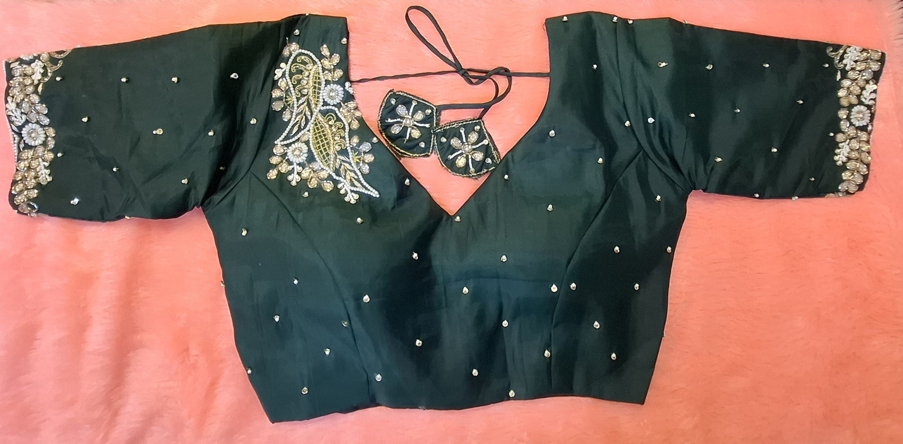 Bottle green silk readymade blouse with intricate zardosi, pearl, and sequin hand embroidery