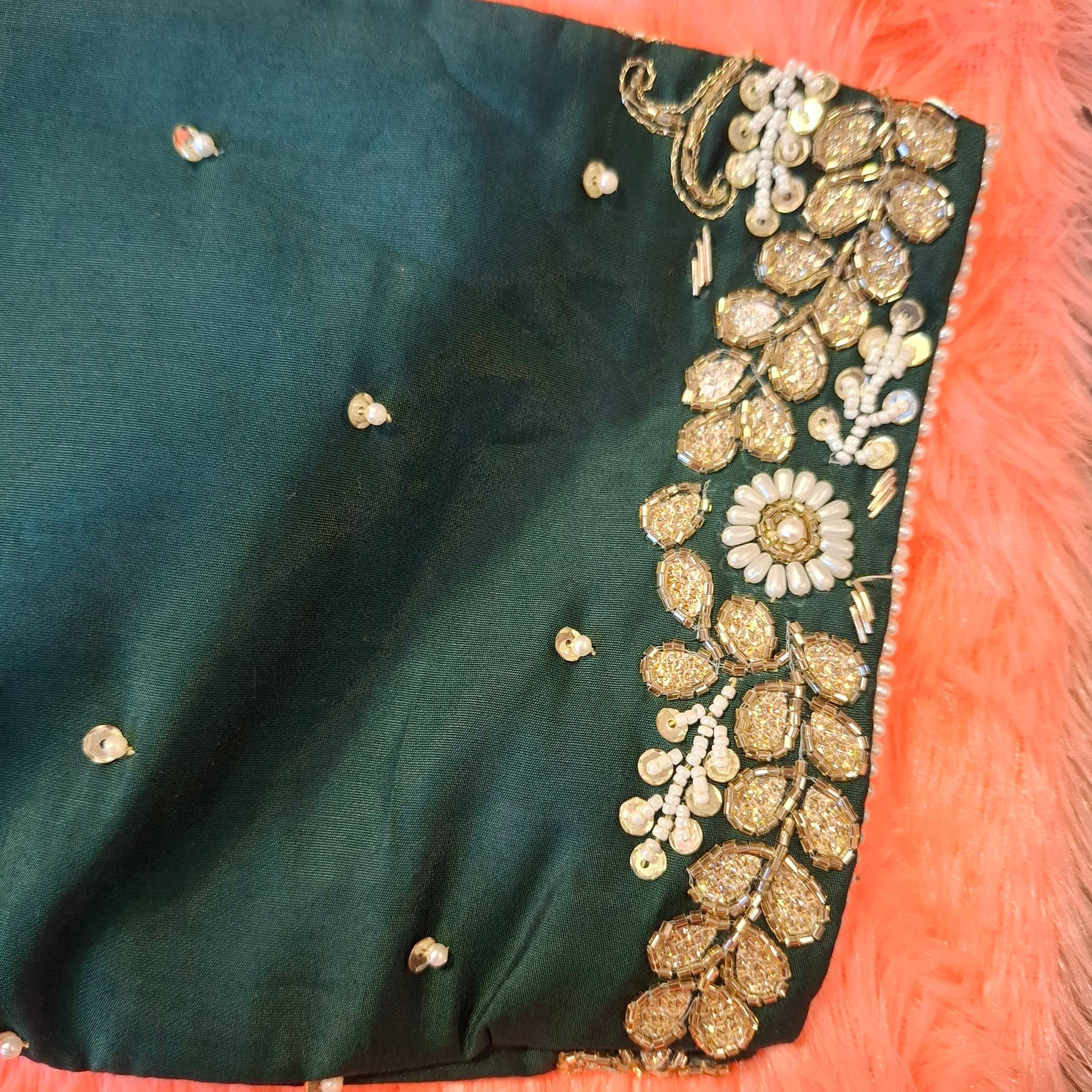 Bottle Green Silk Hand Embroidered Zardosi Readymade Blouse
