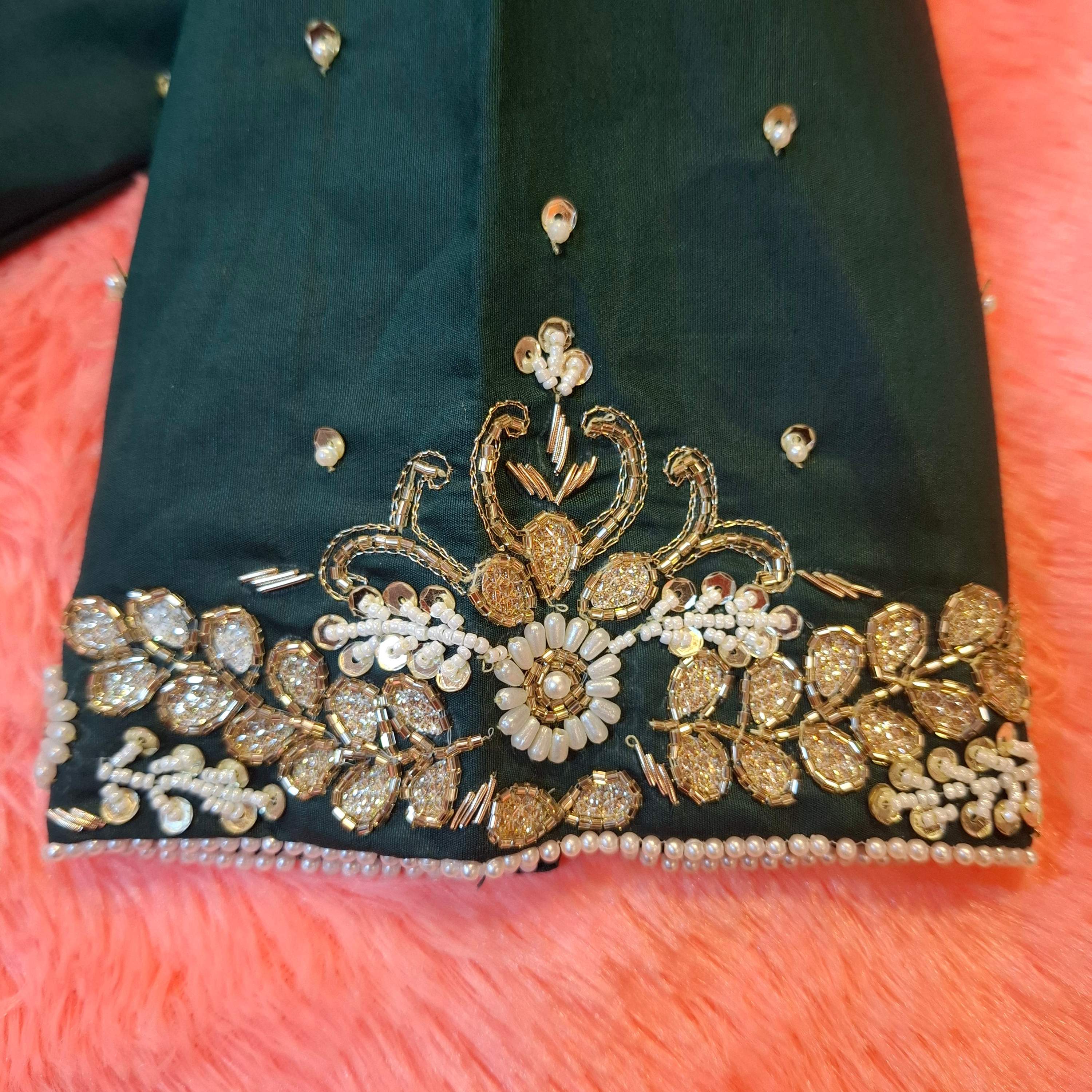 Bottle Green Silk Hand Embroidered Zardosi Readymade Blouse