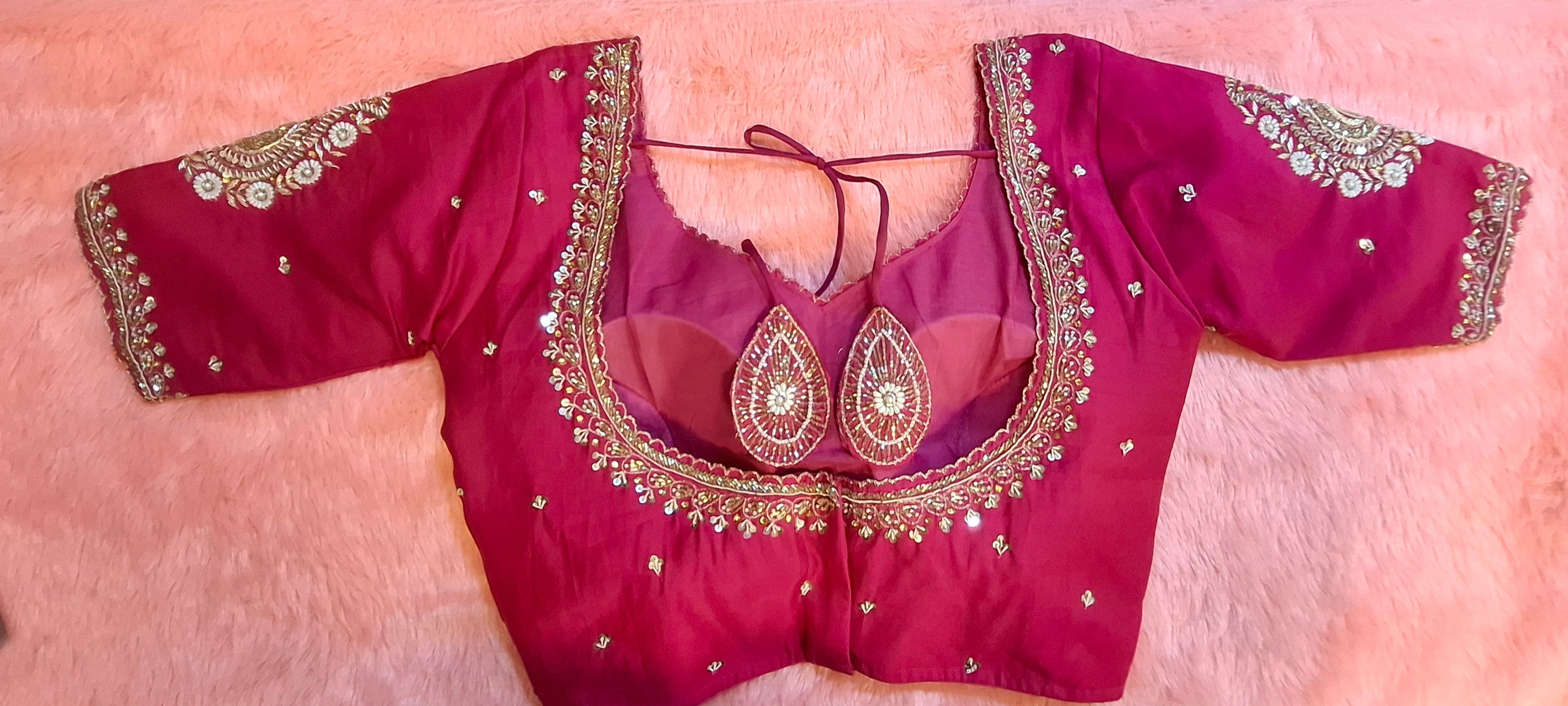 Hot Pink Cotton Silk Hand Embroidered Zardosi Blouse