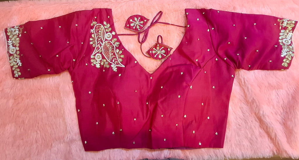 Hot Pink Silk Hand Embroidered Zardosi Readymade Blouse