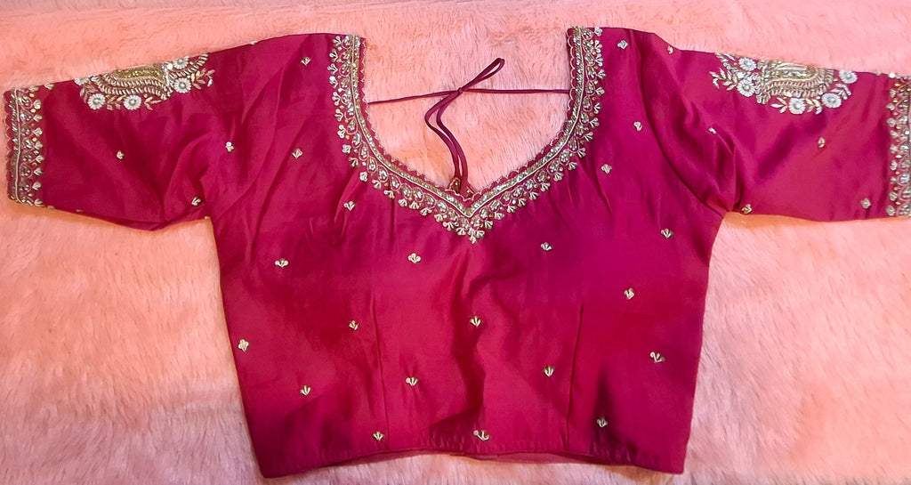 Hot pink cotton silk readymade blouse with detailed zardosi and pearl hand embroidery