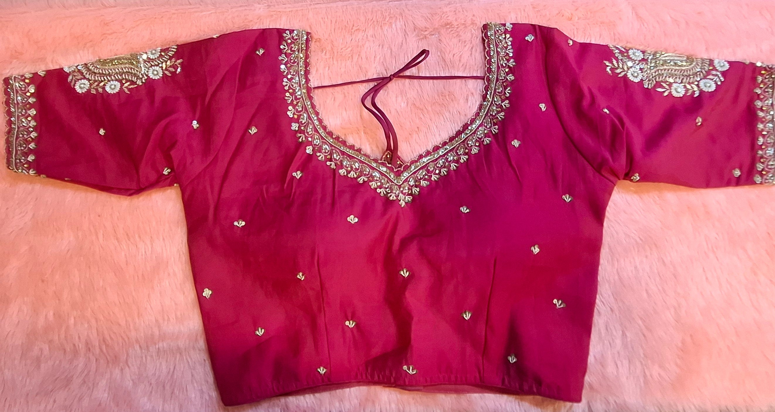 Hot pink cotton silk readymade blouse with detailed zardosi and pearl hand embroidery