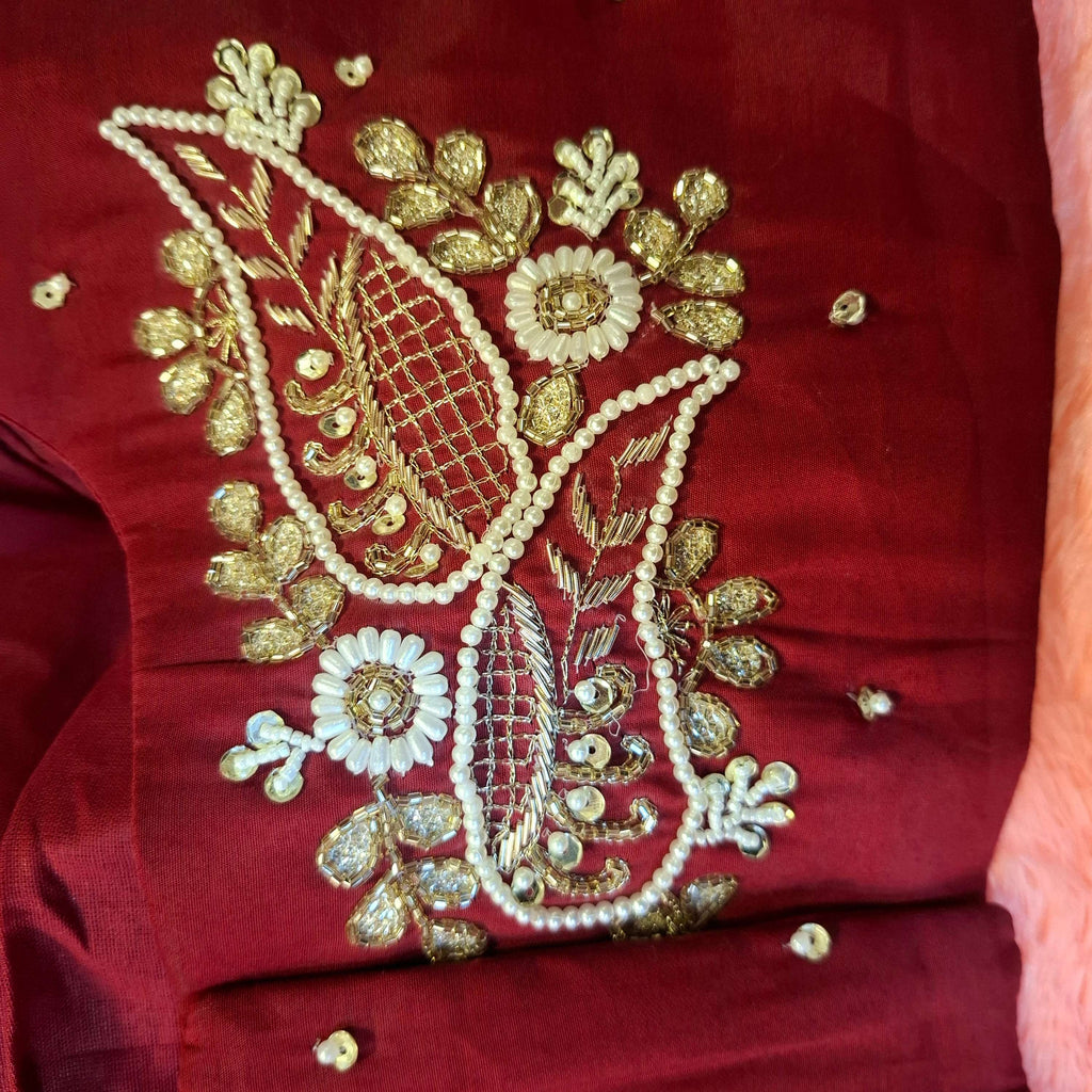 Maroon Silk Hand Embroidered Readymade Blouse with Pearls