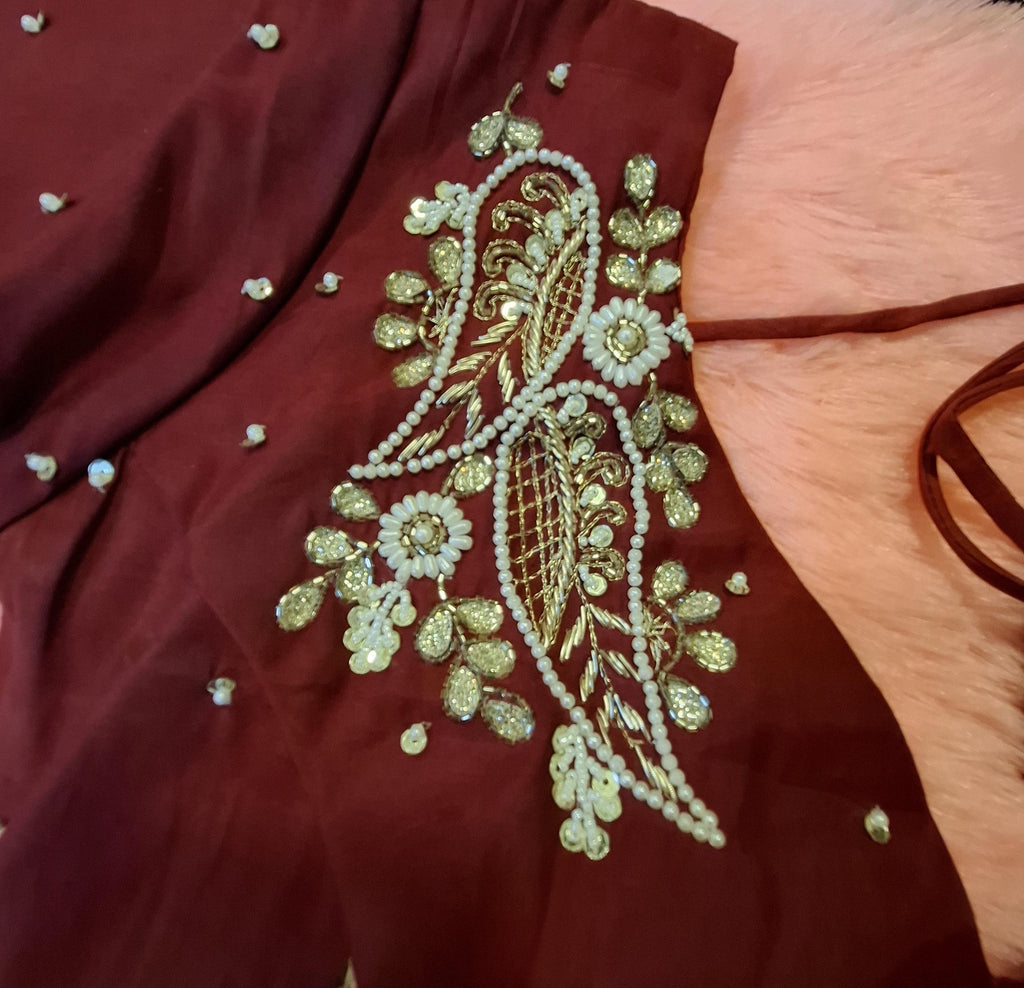 Maroon Silk Hand Embroidered Readymade Blouse with Pearls