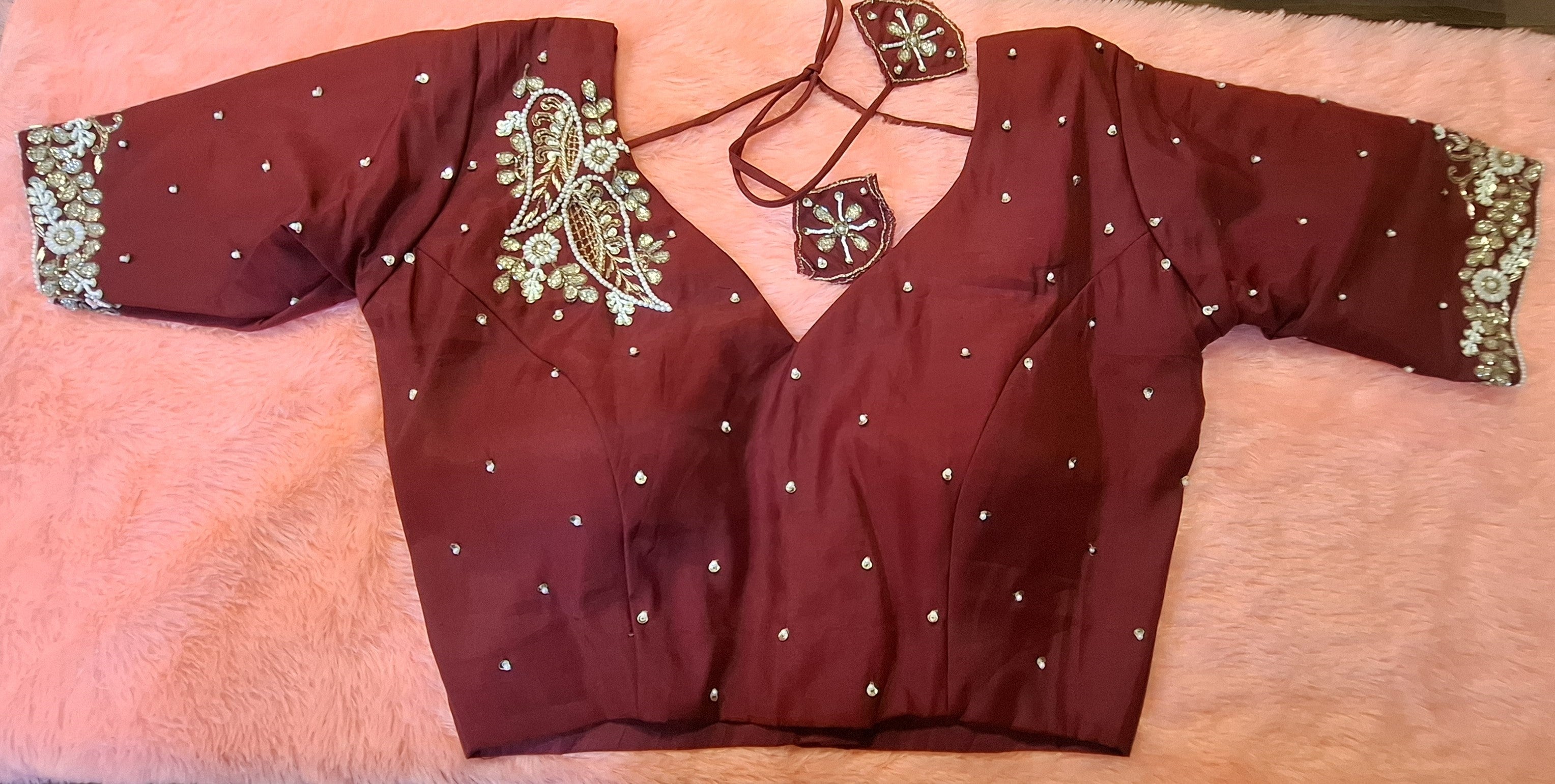 Maroon Silk Hand Embroidered Readymade Blouse with Pearls