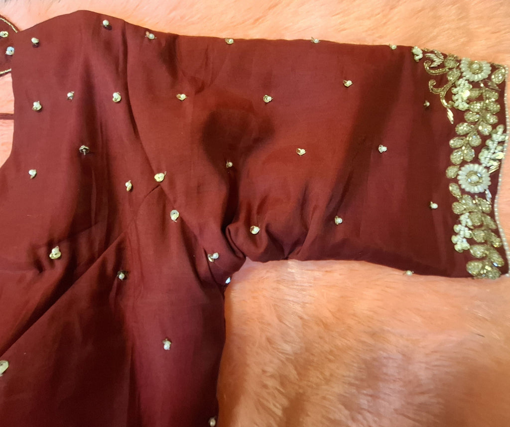 Maroon Silk Hand Embroidered Readymade Blouse with Pearls