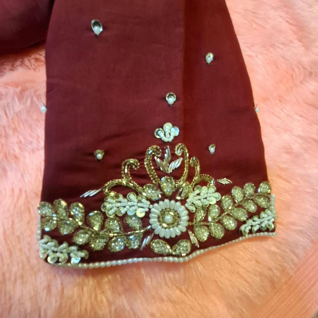 Maroon Silk Hand Embroidered Readymade Blouse with Pearls