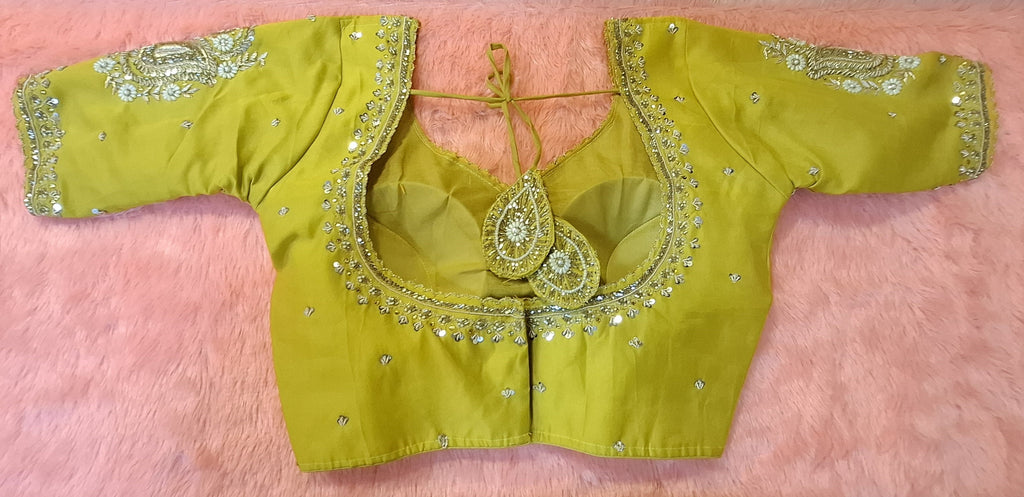 Mustard Yellow Cotton Silk Hand Embroidered Readymade Blouse