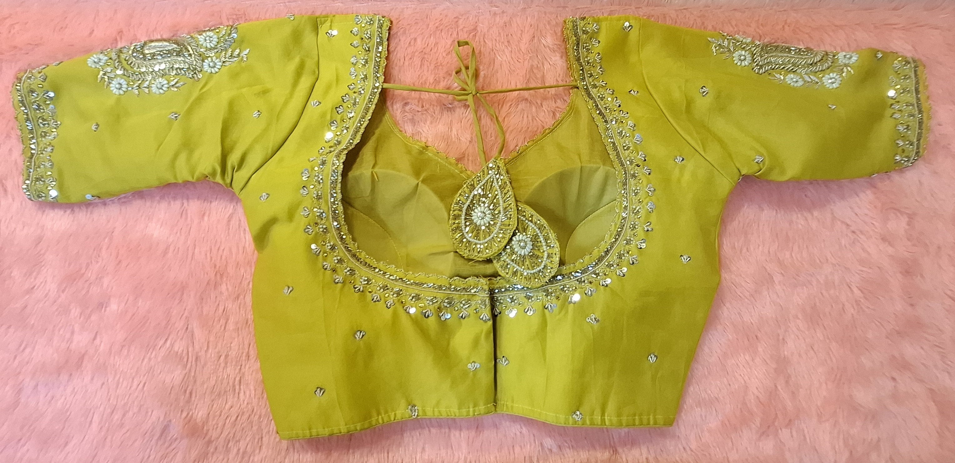 Mustard Yellow Cotton Silk Hand Embroidered Readymade Blouse
