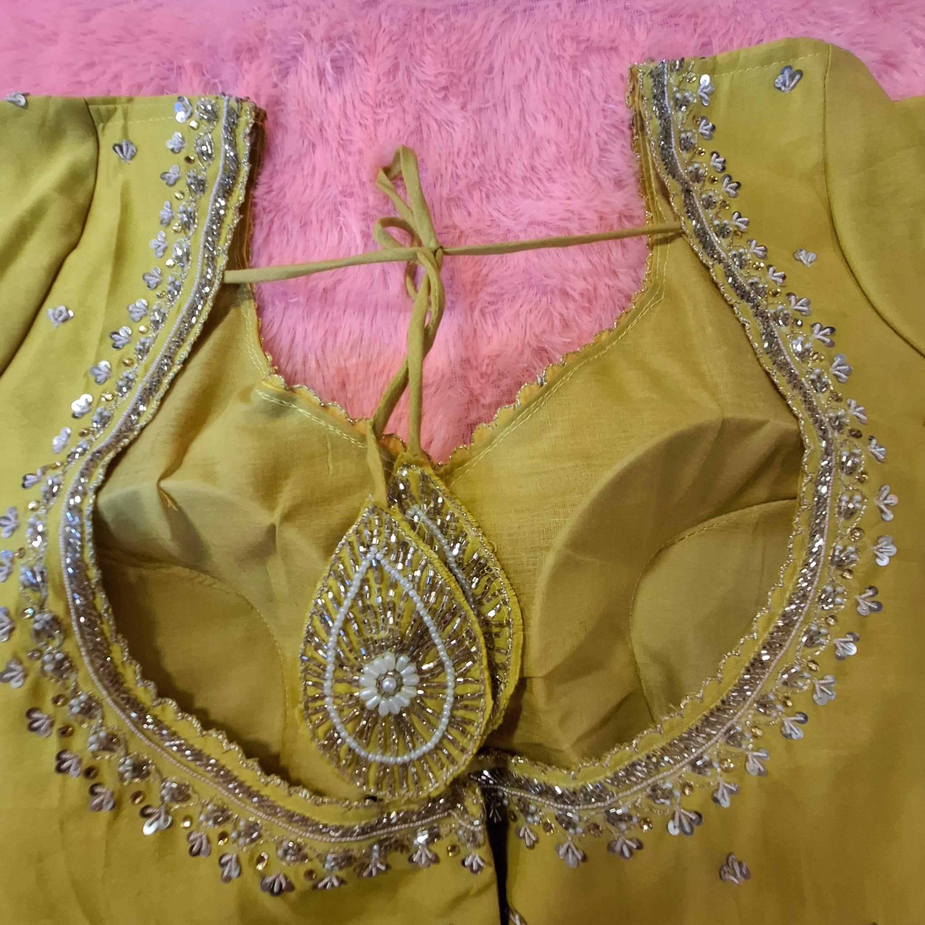 Mustard Yellow Cotton Silk Hand Embroidered Readymade Blouse