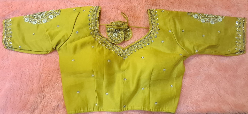 Mustard yellow cotton silk hand-embroidered readymade blouse with 11.5 inch sleeves
