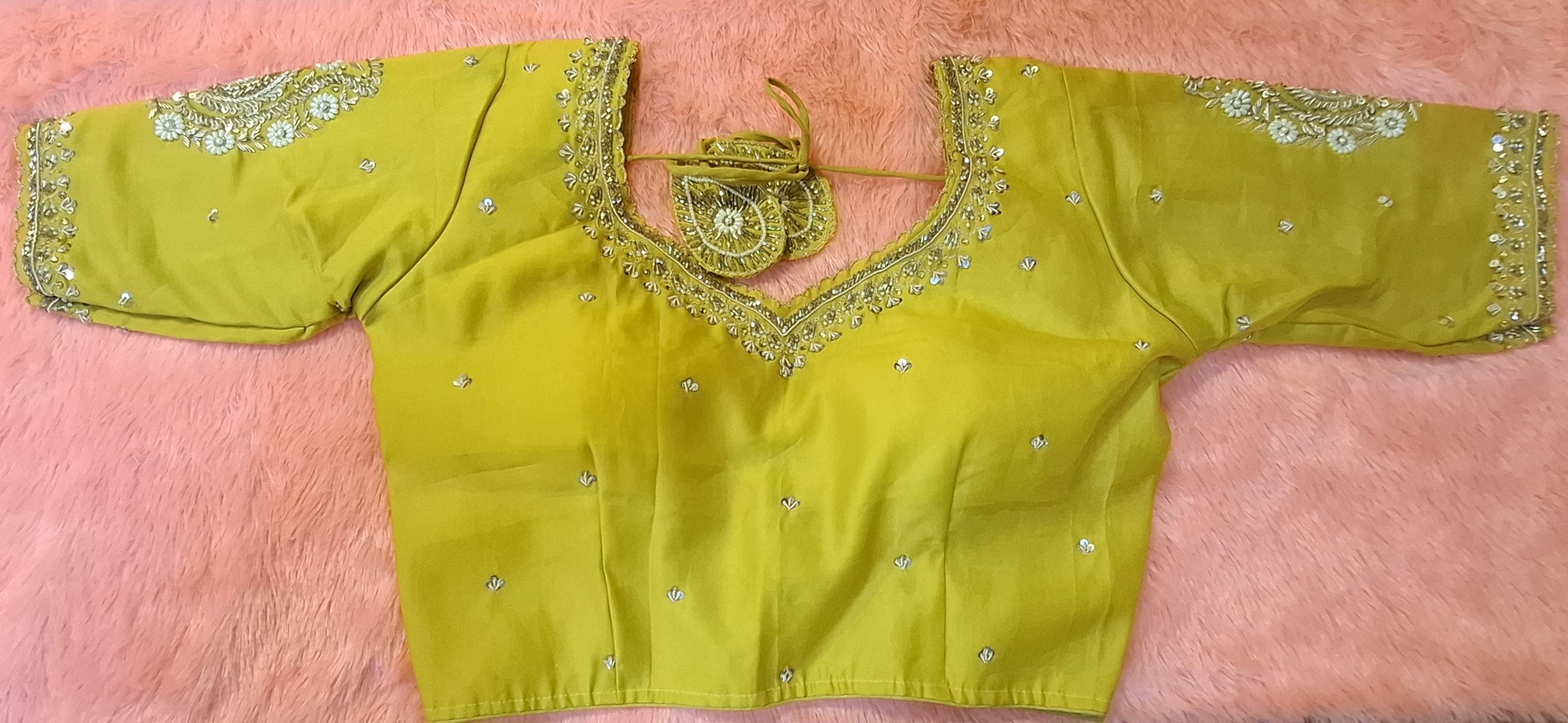 Mustard yellow cotton silk hand-embroidered readymade blouse with 11.5 inch sleeves