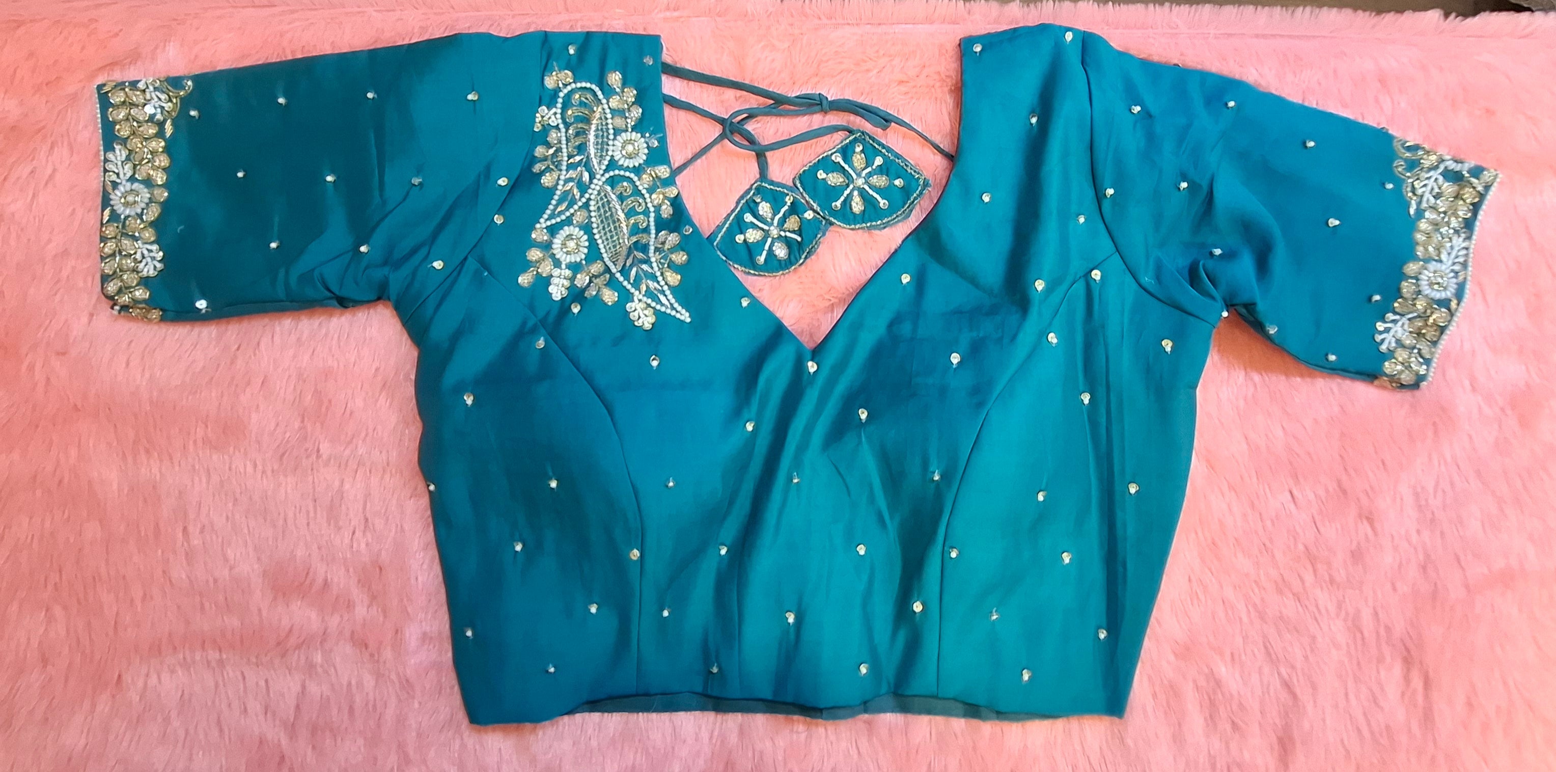 Peacock hand-embroidered silk readymade blouse with zardosi and pearl details