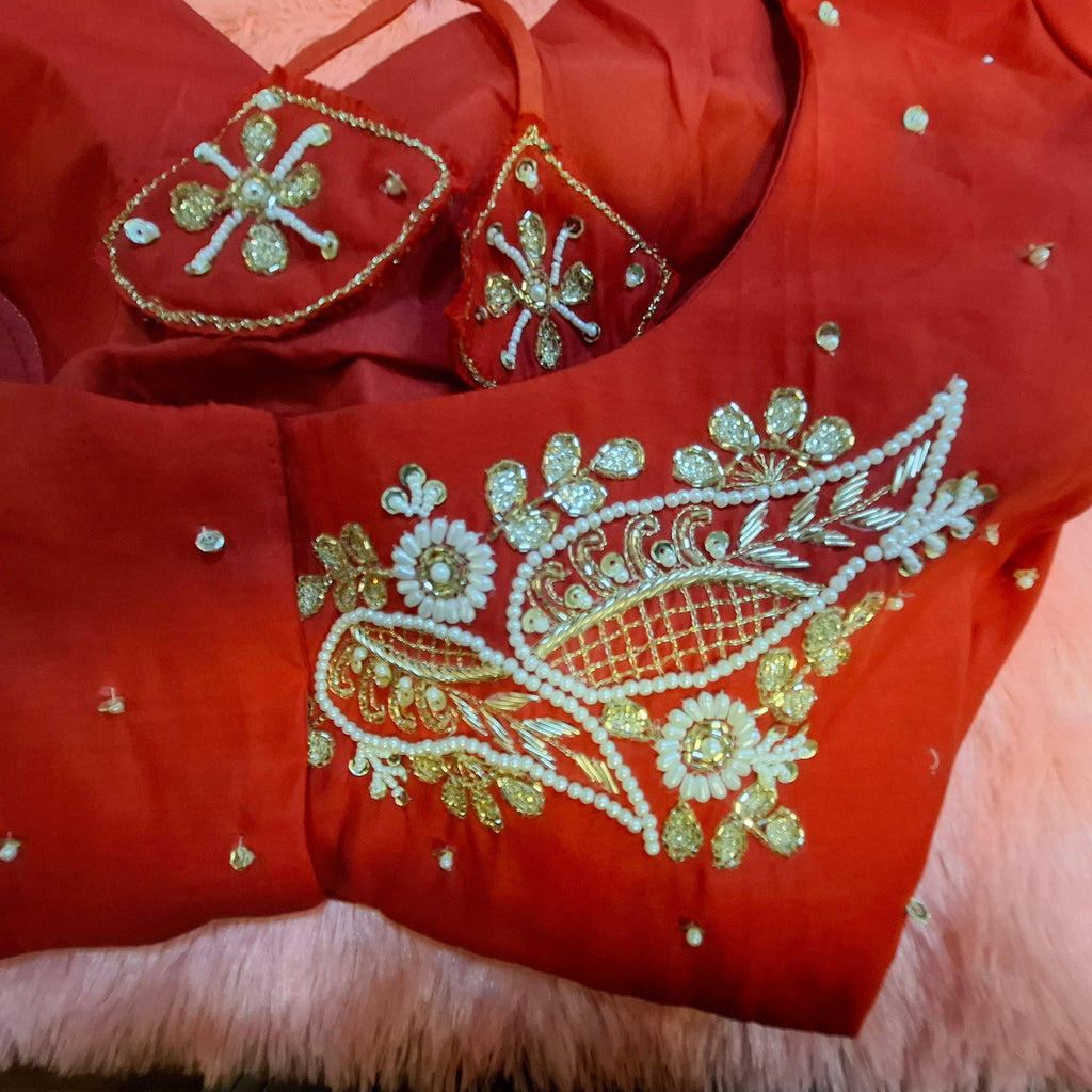 Red Silk Hand Embroidered Readymade Blouse with Zardosi Work