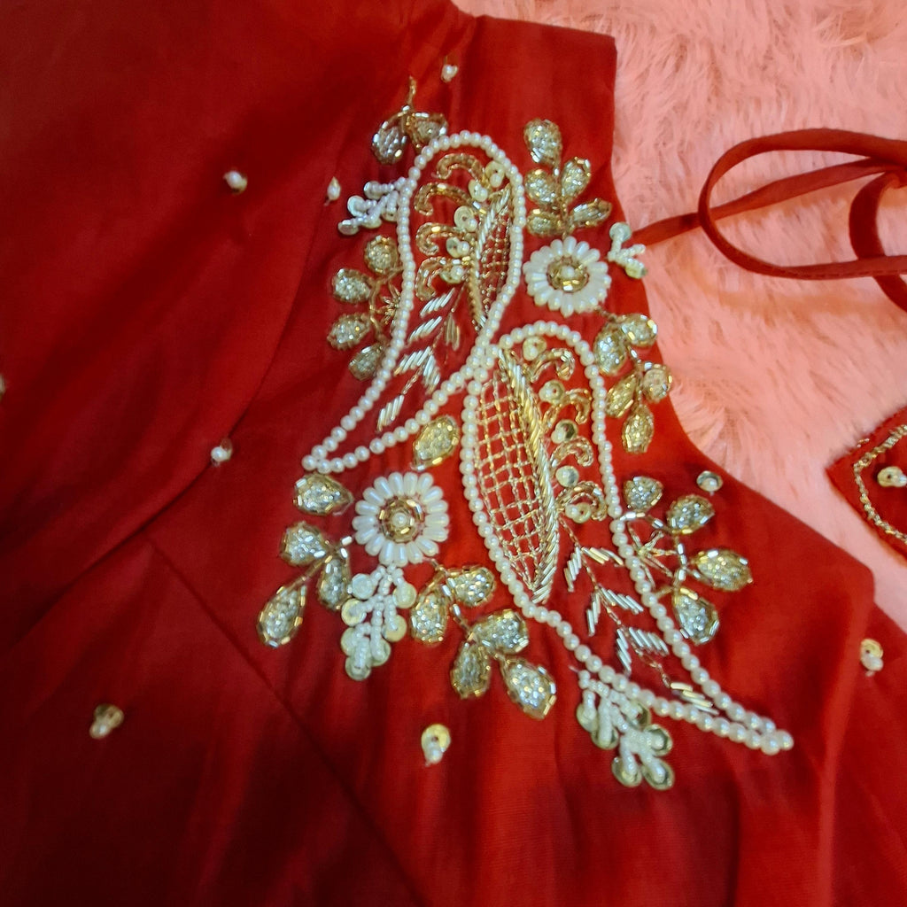 Red Silk Hand Embroidered Readymade Blouse with Zardosi Work