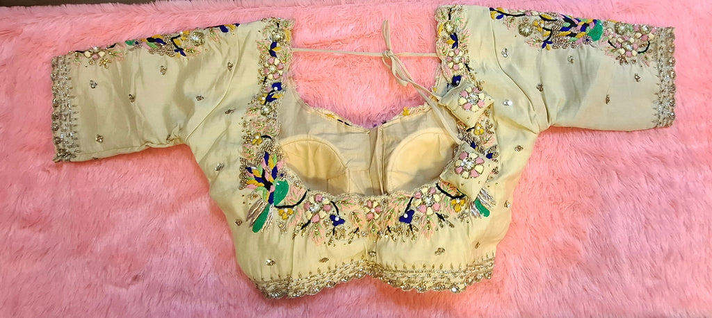 Cream Cotton Silk Hand Embroidered Readymade Blouse with Zardosi