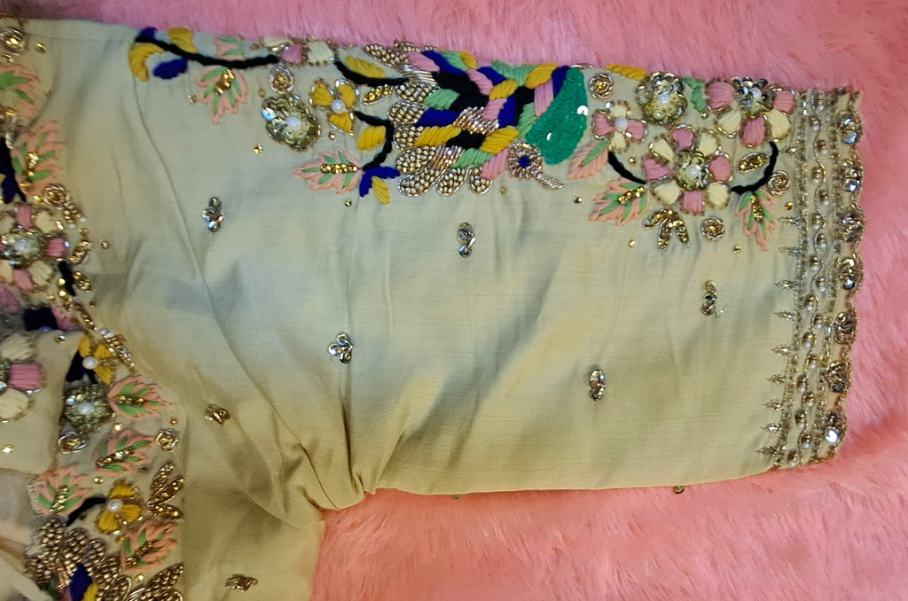 Cream Cotton Silk Hand Embroidered Readymade Blouse with Zardosi