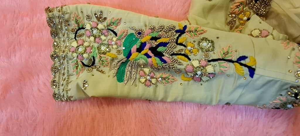 Cream Cotton Silk Hand Embroidered Readymade Blouse with Zardosi