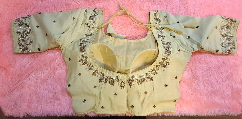Beige Cotton Silk Hand Embroidered Zardosi Blouse