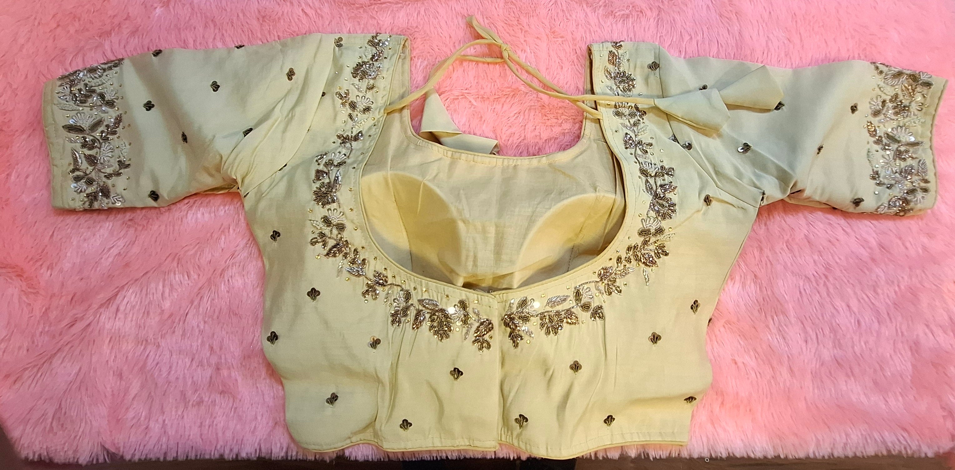 Beige Cotton Silk Hand Embroidered Zardosi Blouse