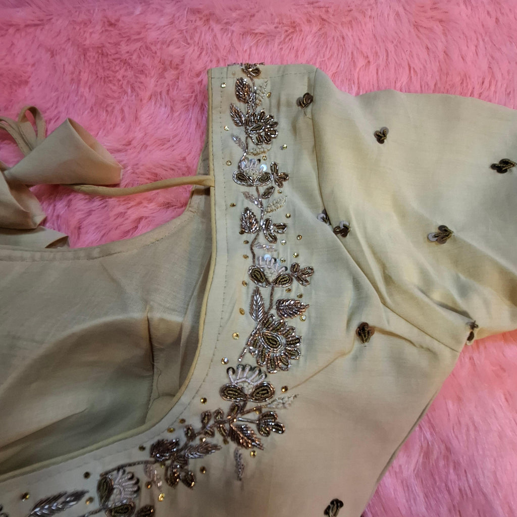 Beige Cotton Silk Hand Embroidered Zardosi Blouse