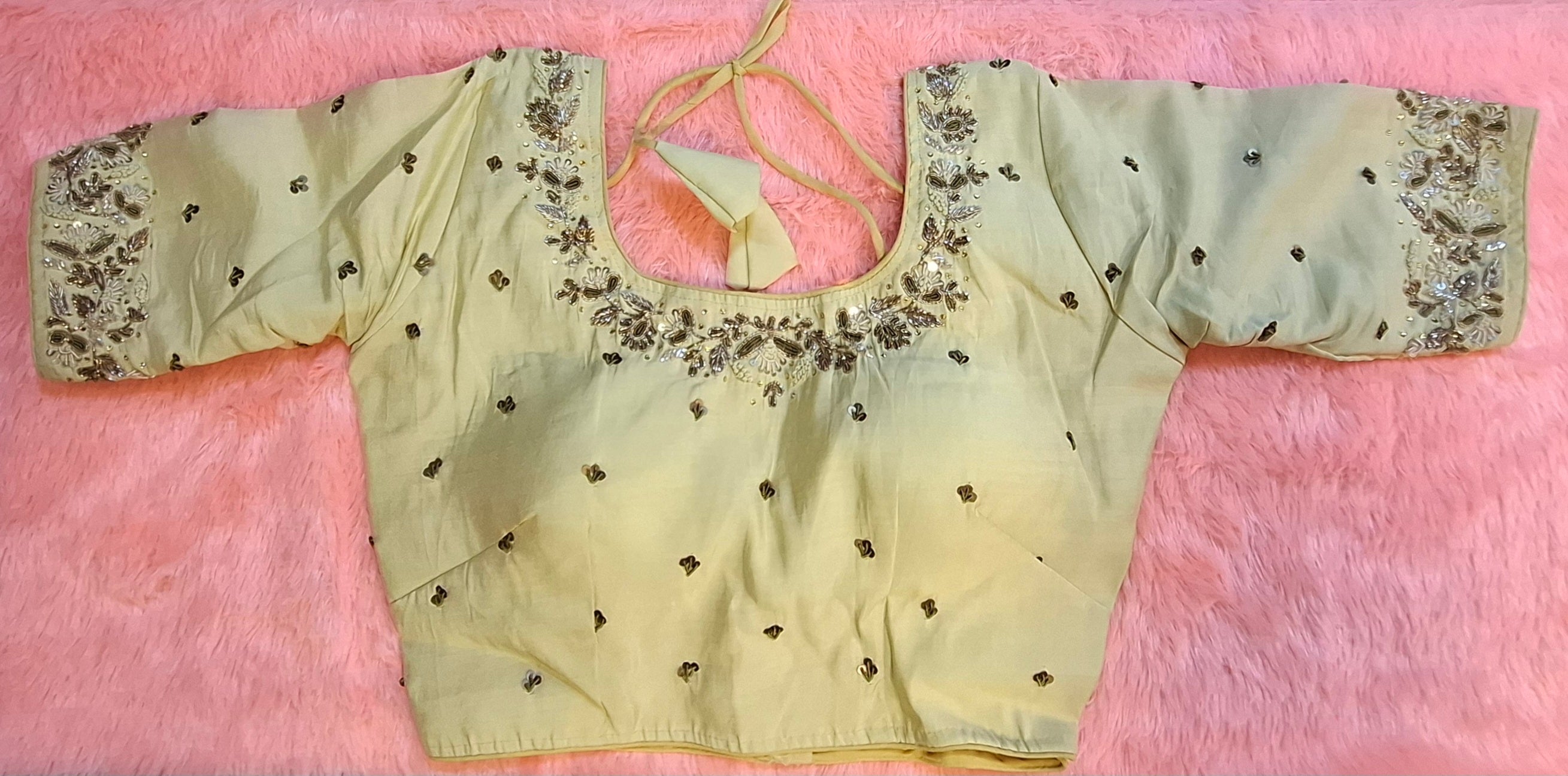 Beige cotton silk blouse with gold and copper zardosi hand embroidery