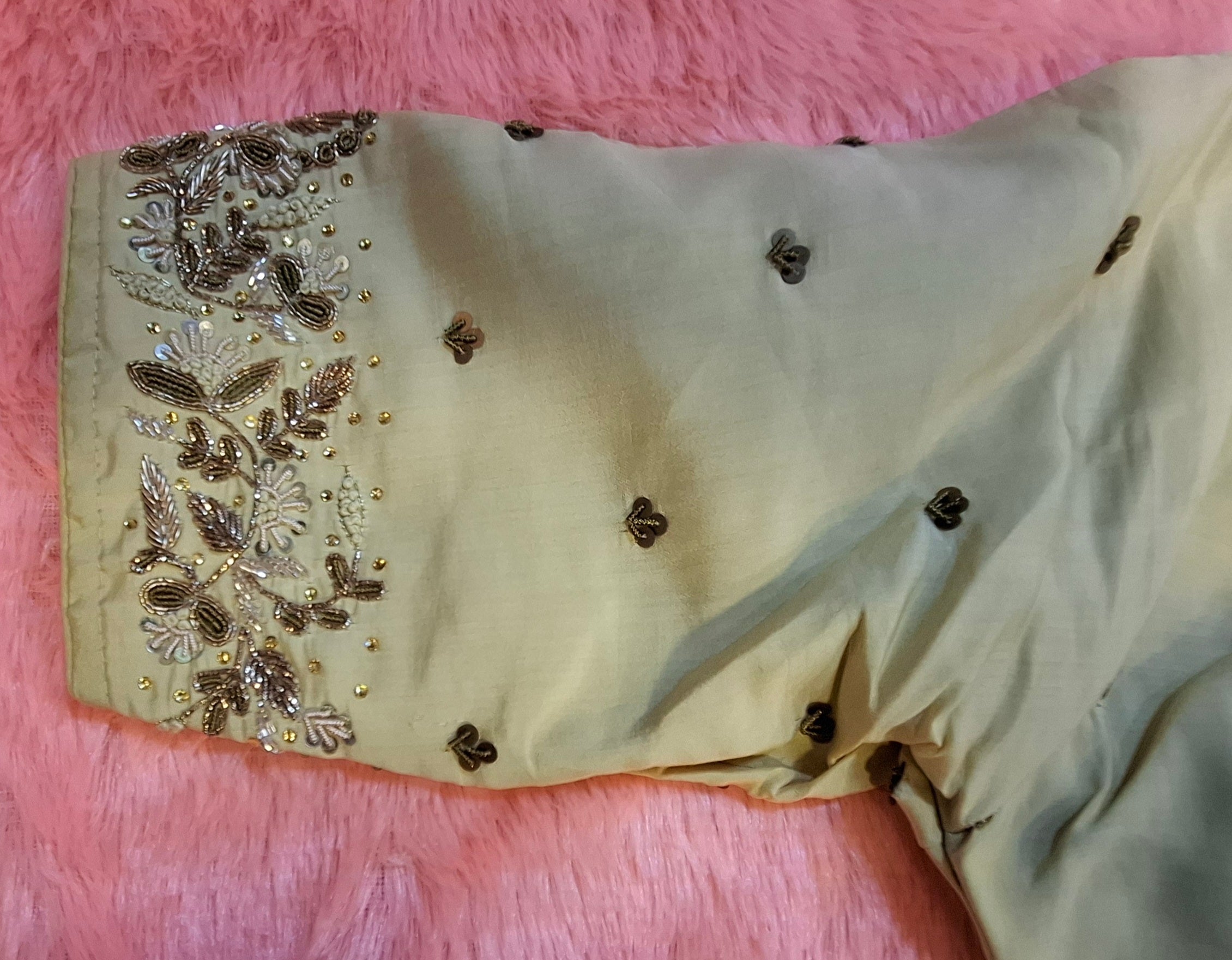 Beige Cotton Silk Hand Embroidered Zardosi Blouse