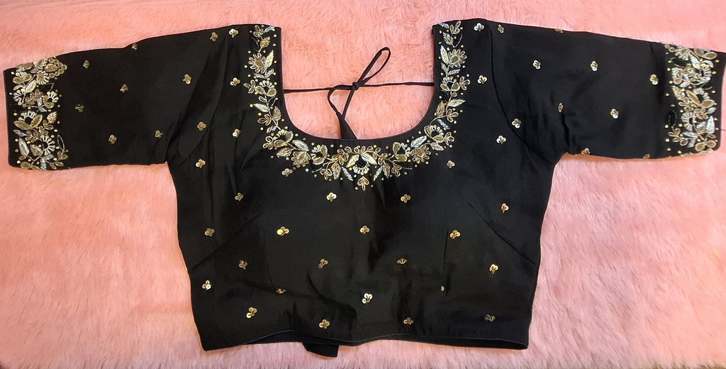 Black cotton silk readymade blouse with intricate zardosi and stone hand embroidery