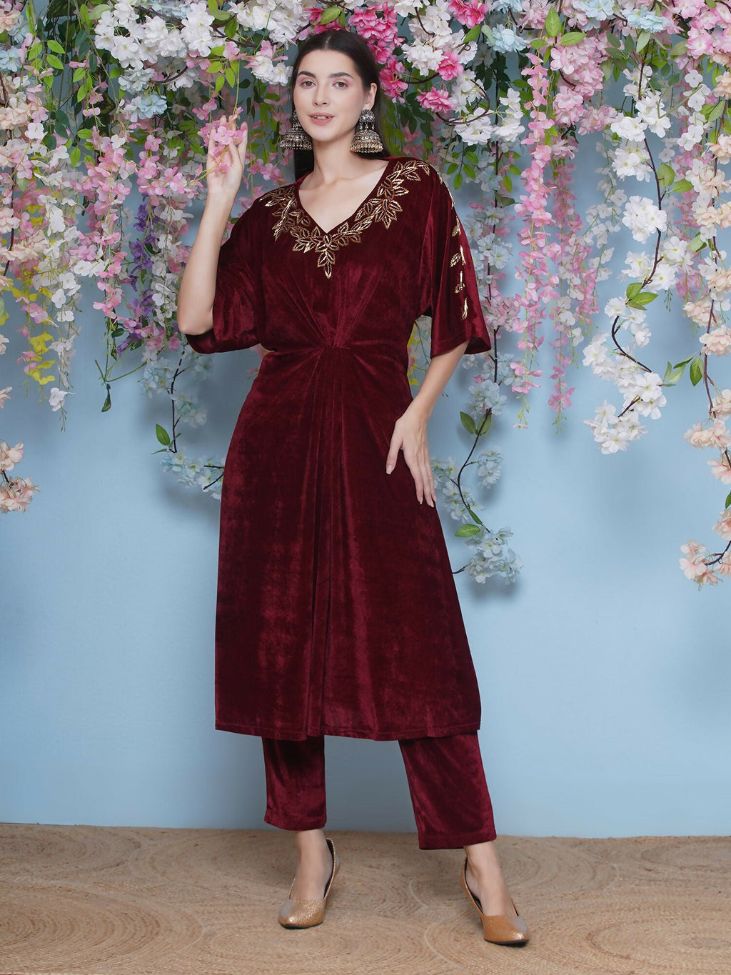 Maroon Velvet Hand Embellished Coord Set - 2 Piece Luxury Outfit