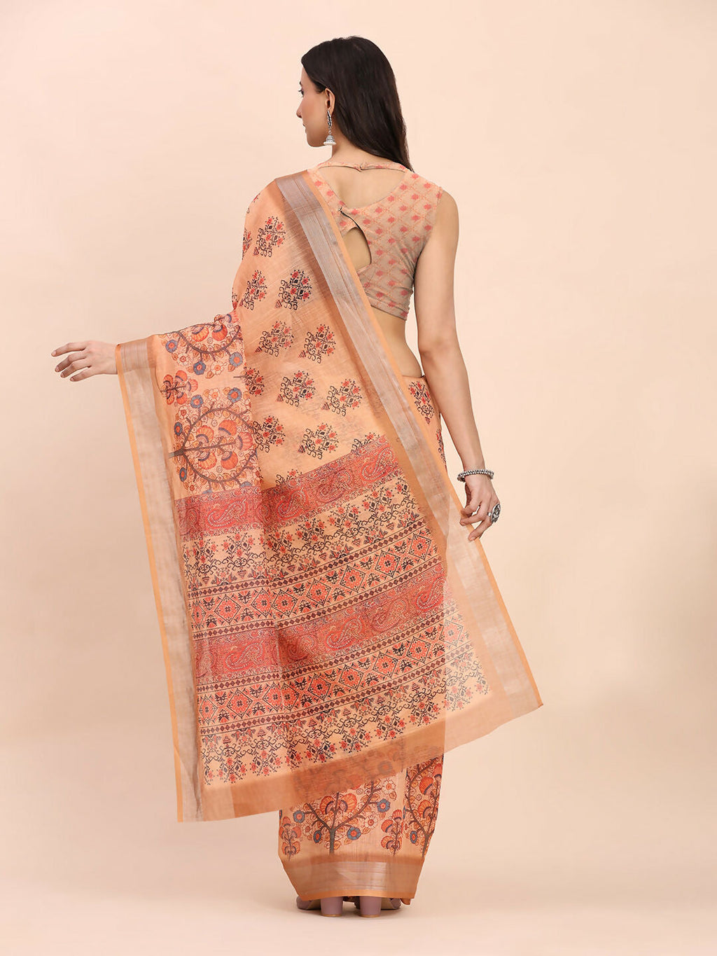 Orange Linen Cotton Saree with Matching Blouse Piece