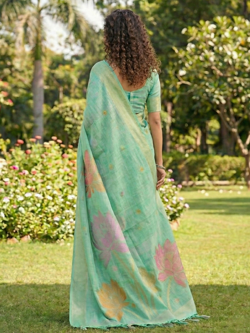 Sea Green Linen Cotton Saree with Matching Blouse Piece