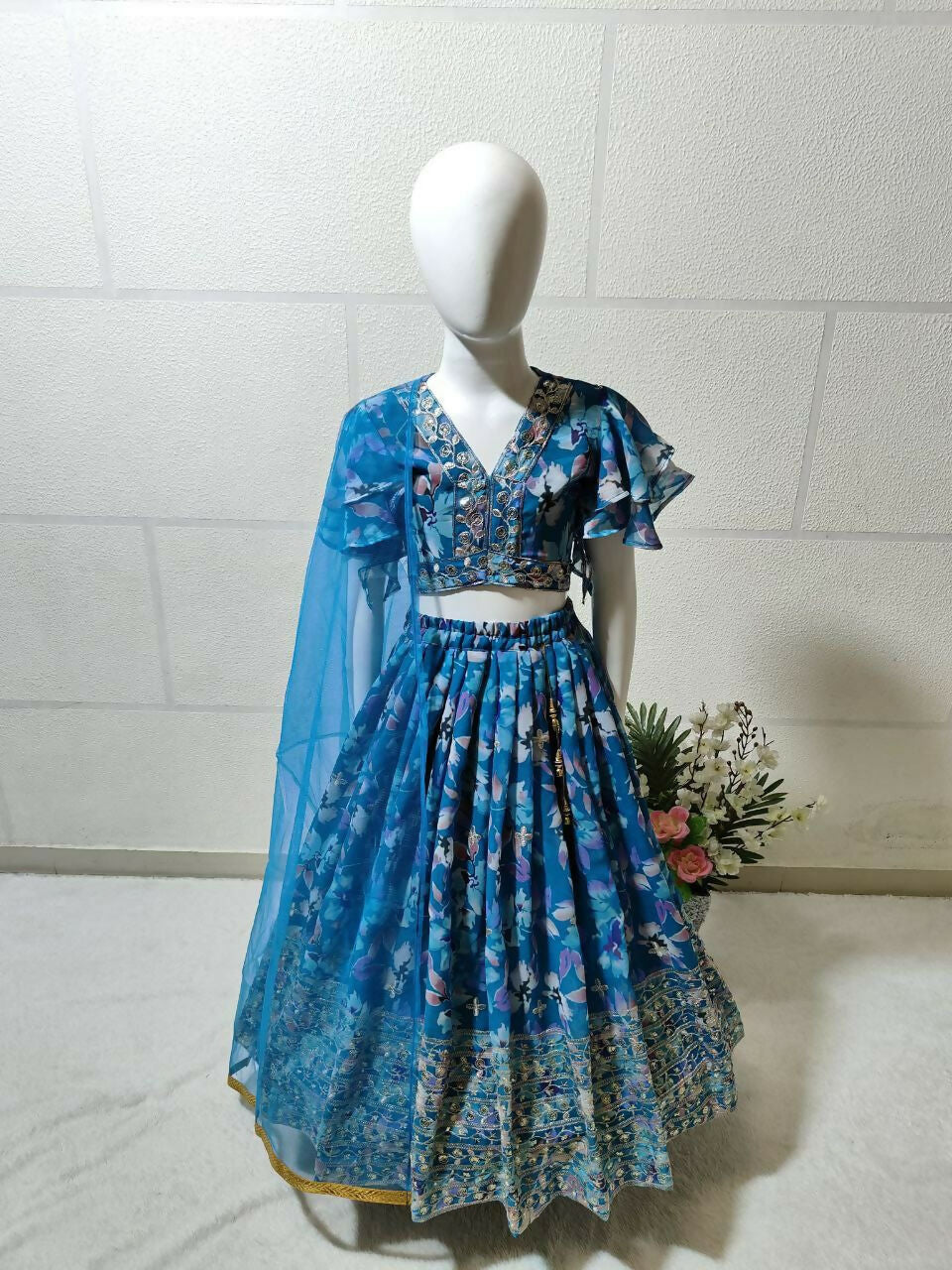 Girls Blue Faux Georgette Sequins Embroidered Lehenga Choli