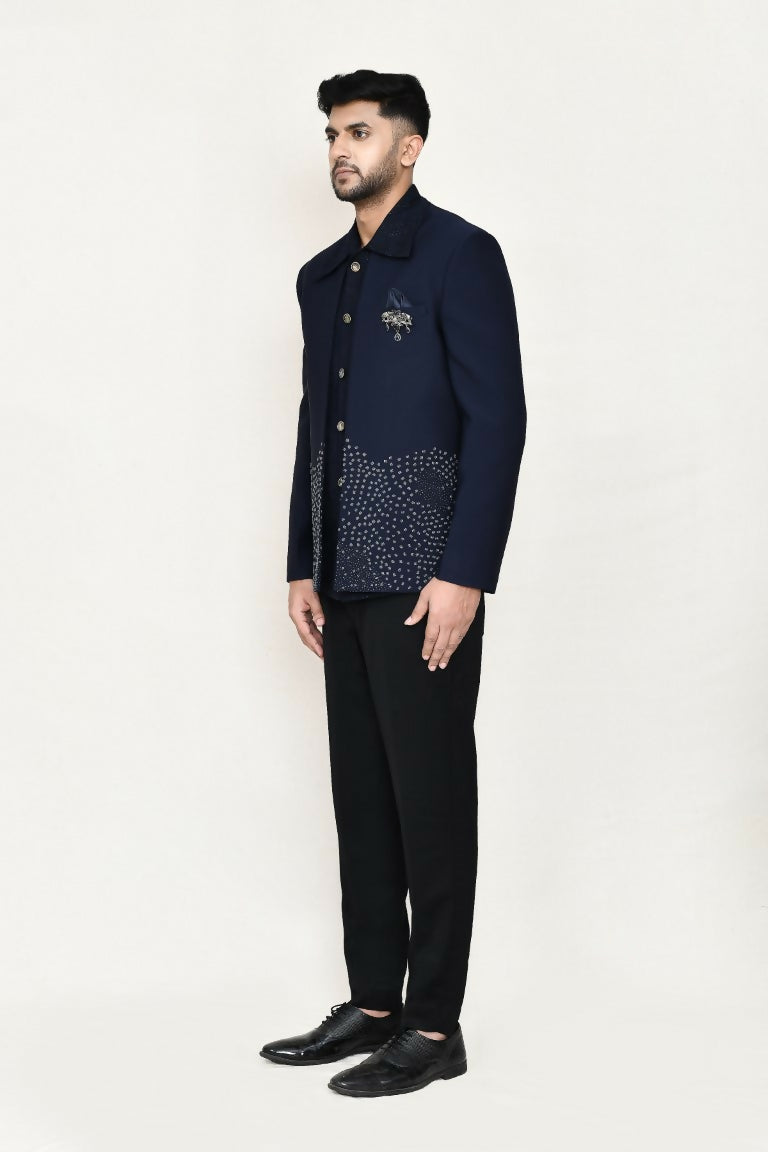 Blue geometric pattern open prince coat with matching trousers for men